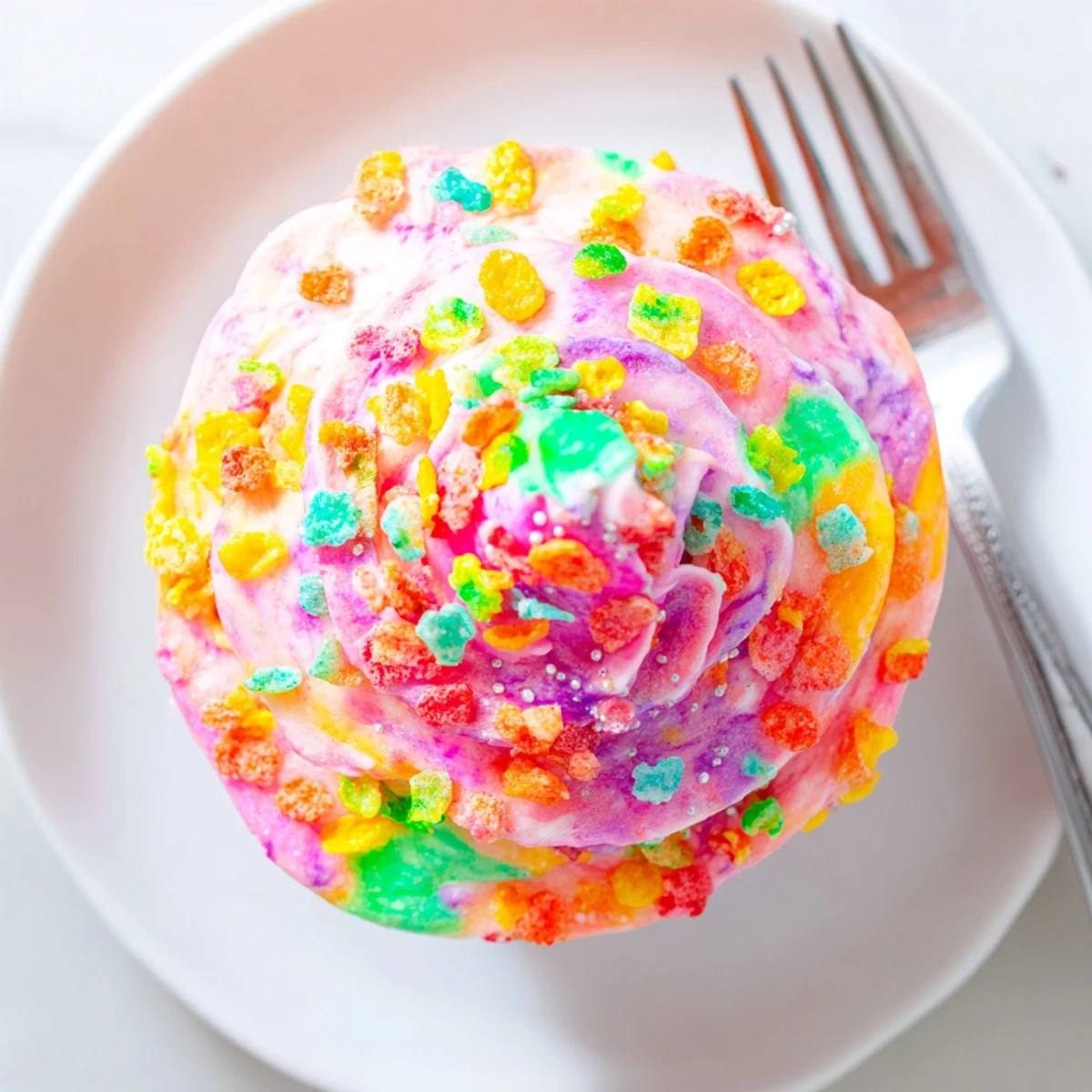 Whimsical bowl of fluffy Fruity Pebbles frosting topped with extra colorful cereal pieces for garnish