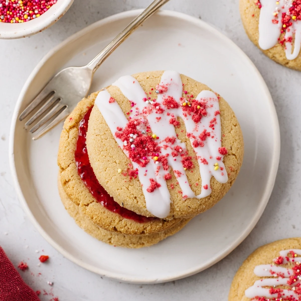 Freshly baked strawberry Pop Tart cookies with sweet jam filling and white glaze drizzle