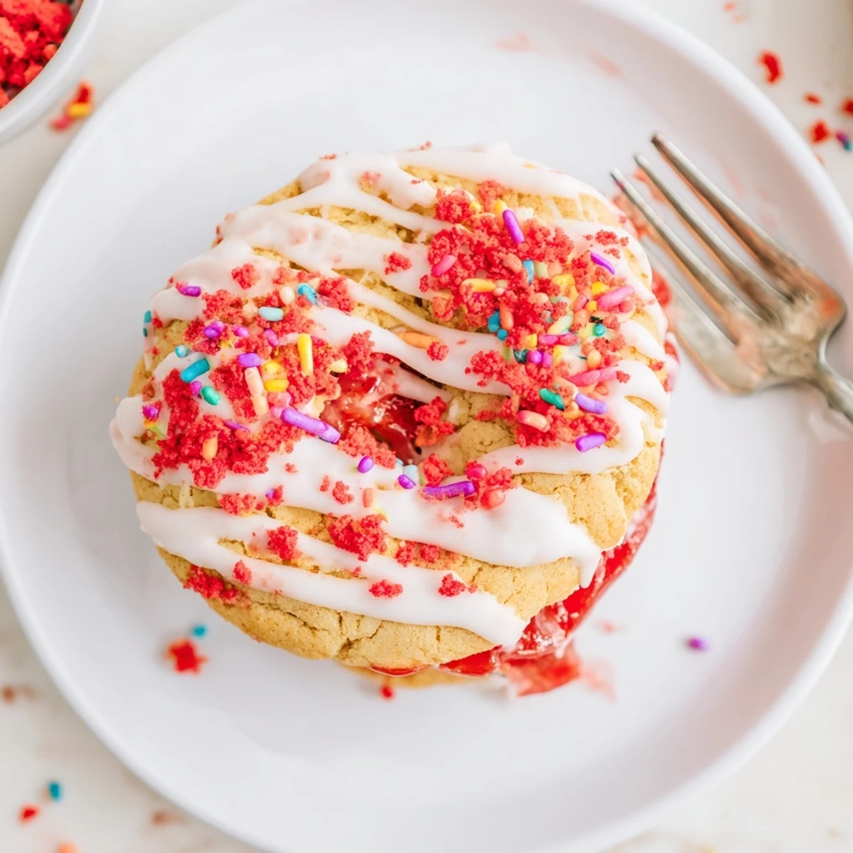Soft sugar cookie sandwiches stuffed with strawberry jam topped with vanilla icing