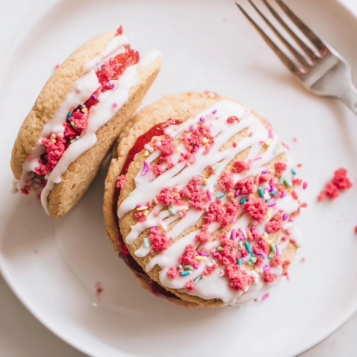Golden buttery Pop Tart style cookies oozing red jam and creamy glaze