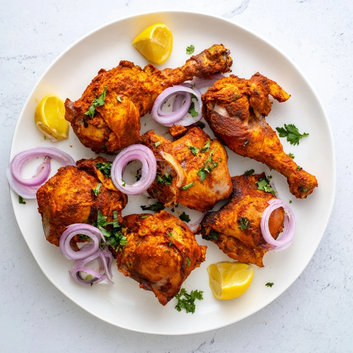 Golden roasted Tandoori Chicken pieces with charred edges garnished with fresh cilantro and red onion slices