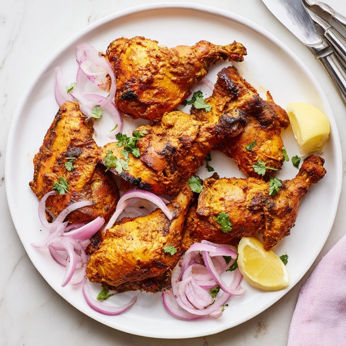 Spiced yogurt marinated chicken arranged on a white serving plate with lemon wedges and herbs