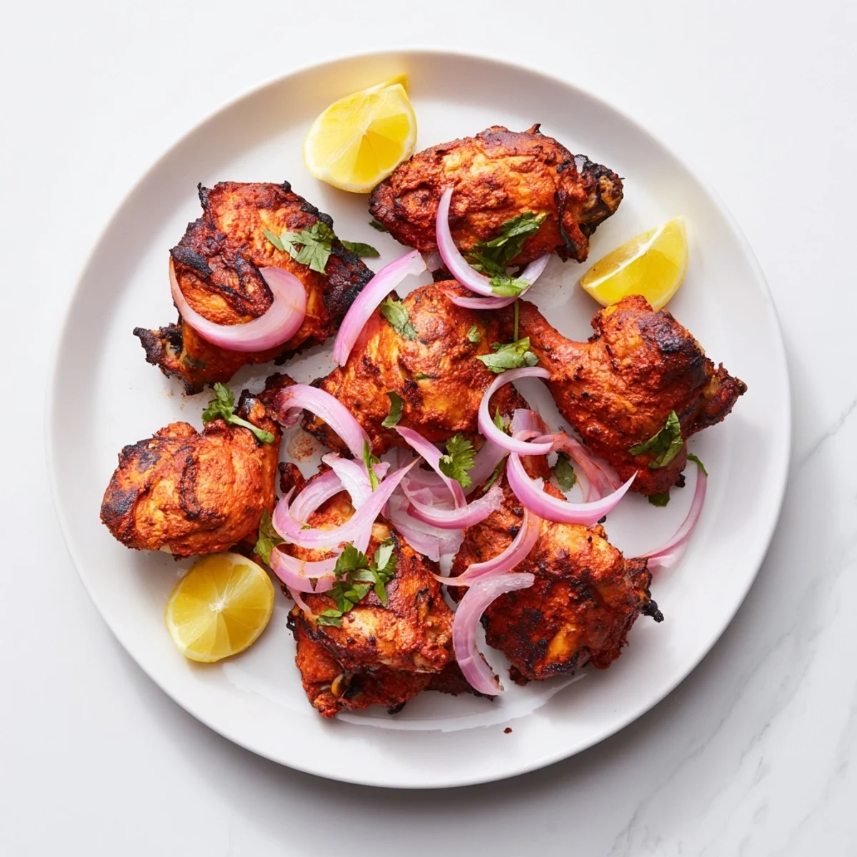 Tender Indian Tandoori Chicken showing vibrant reddish orange spice coating on a platter with fresh garnish