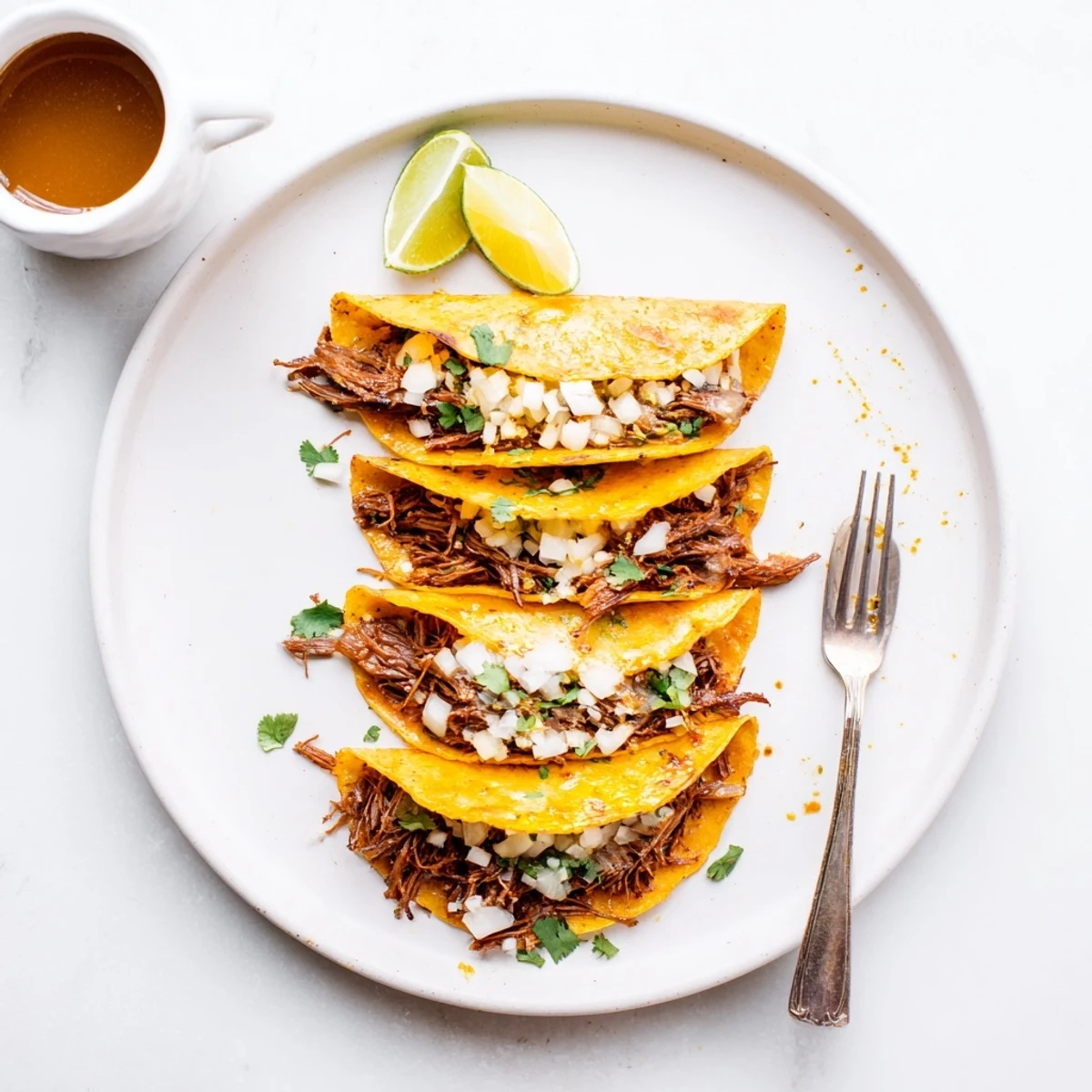 Plate of Super Crispy Birria Tacos Recipe served with warm consommé for dipping