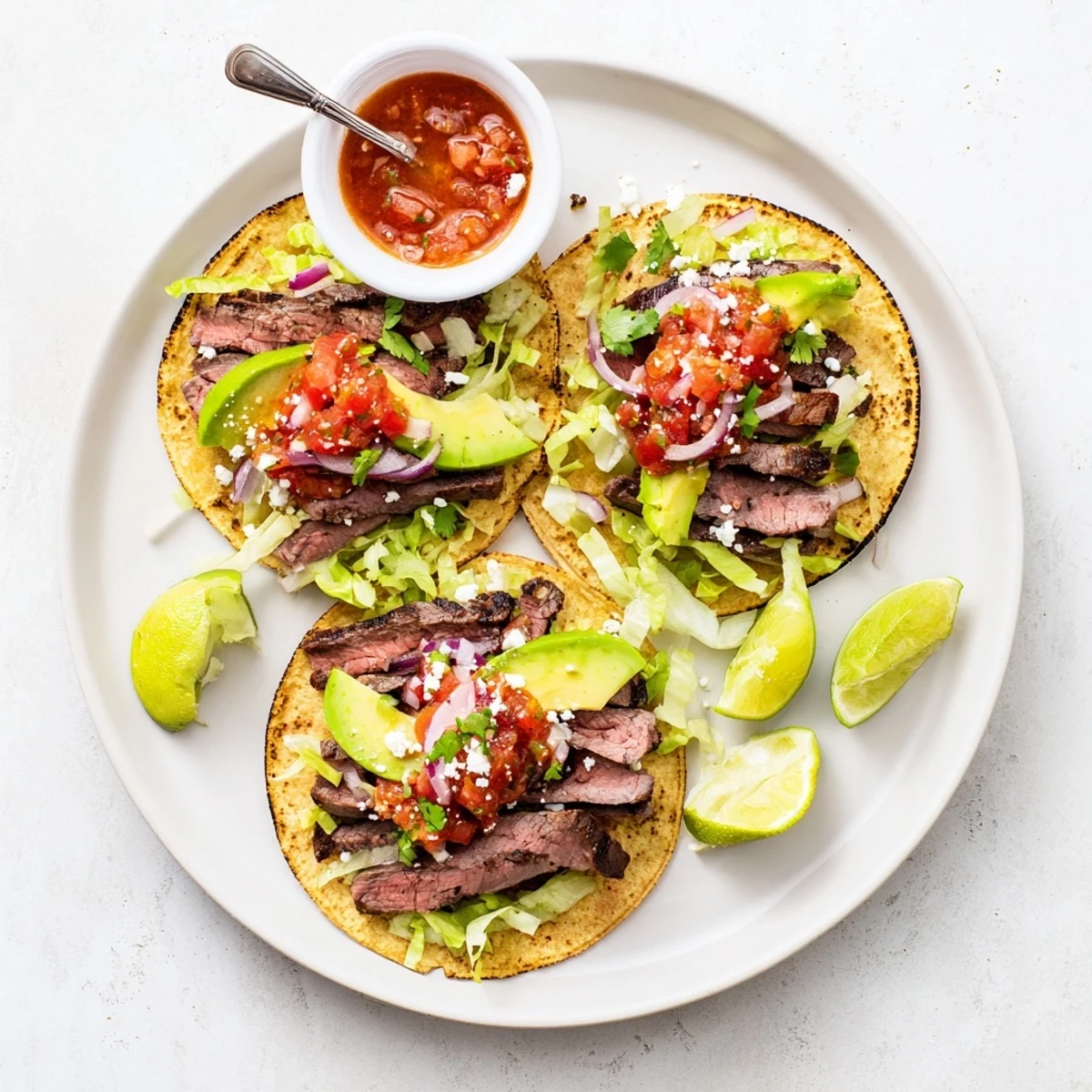 Plate shows Charcoal Grilled Tacos Recipe stacked with juicy steak and cilantro