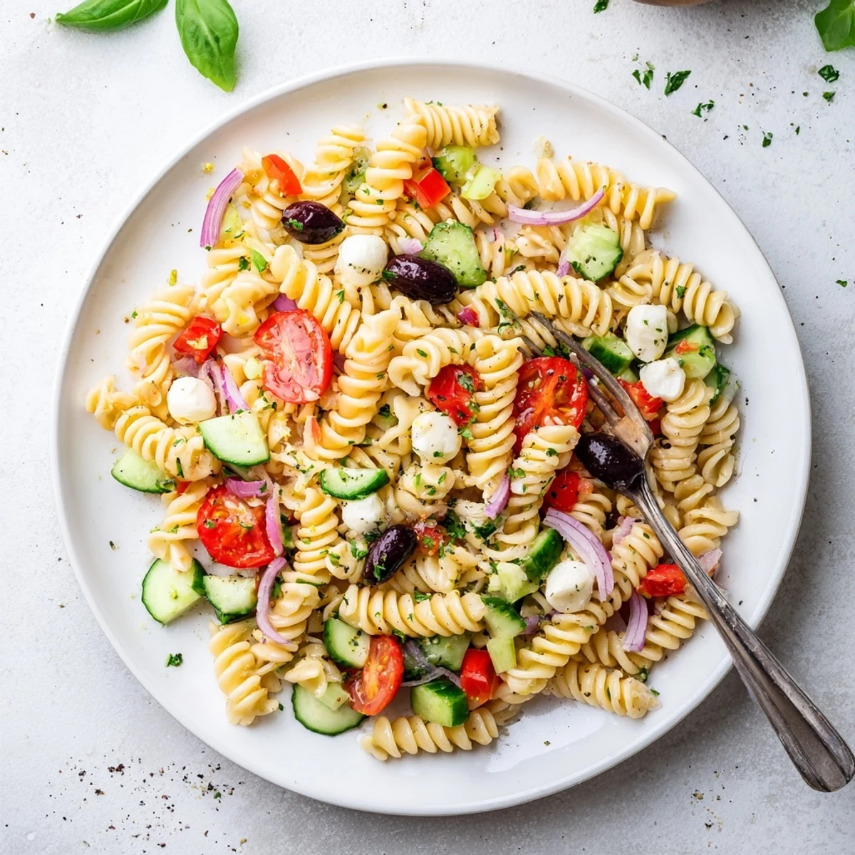 Gluten Free Italian Pasta Salad Recipe tossed with fresh basil, juicy cherry tomatoes