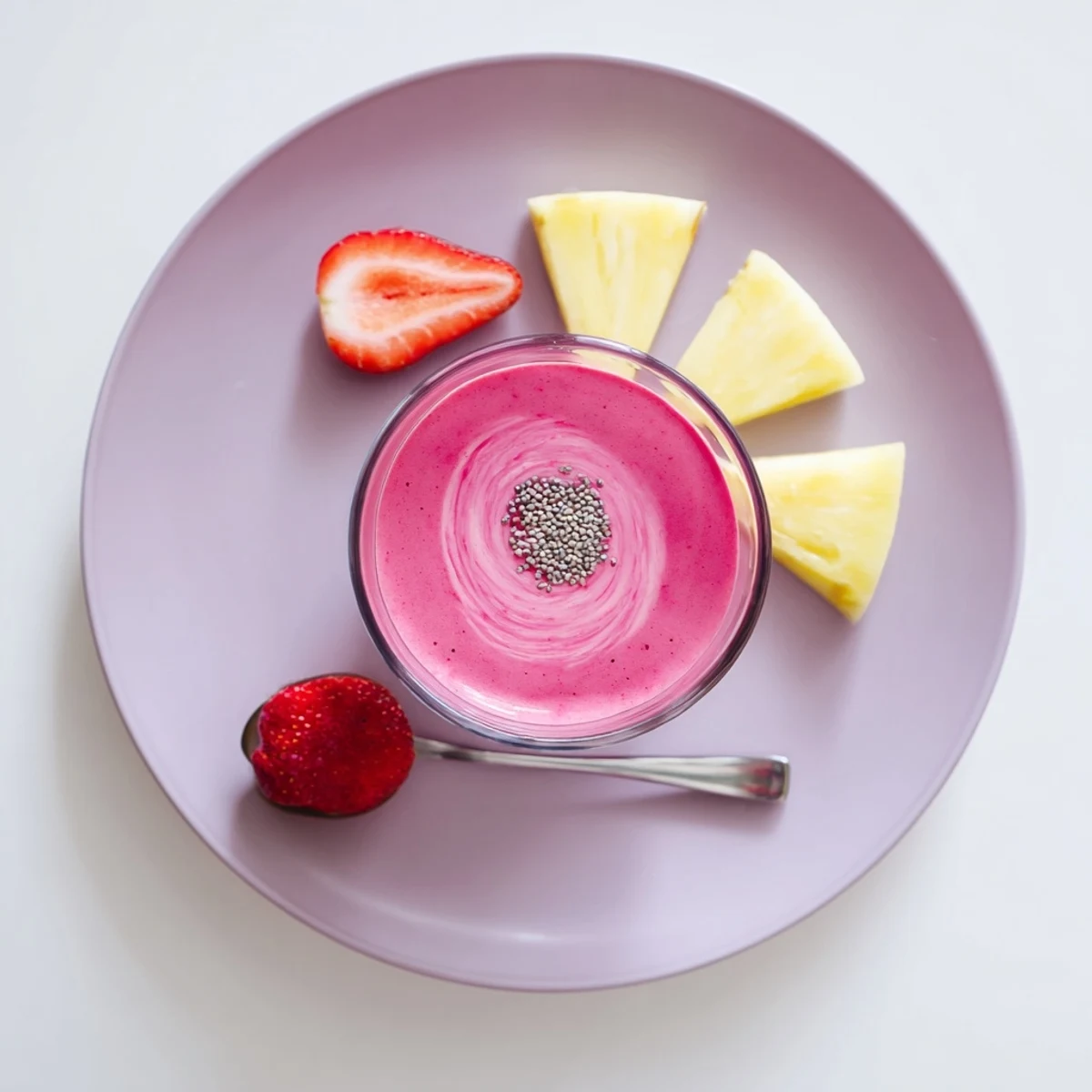 Strawberry Pineapple Smoothie in chilled glass, creamy texture with tropical aroma