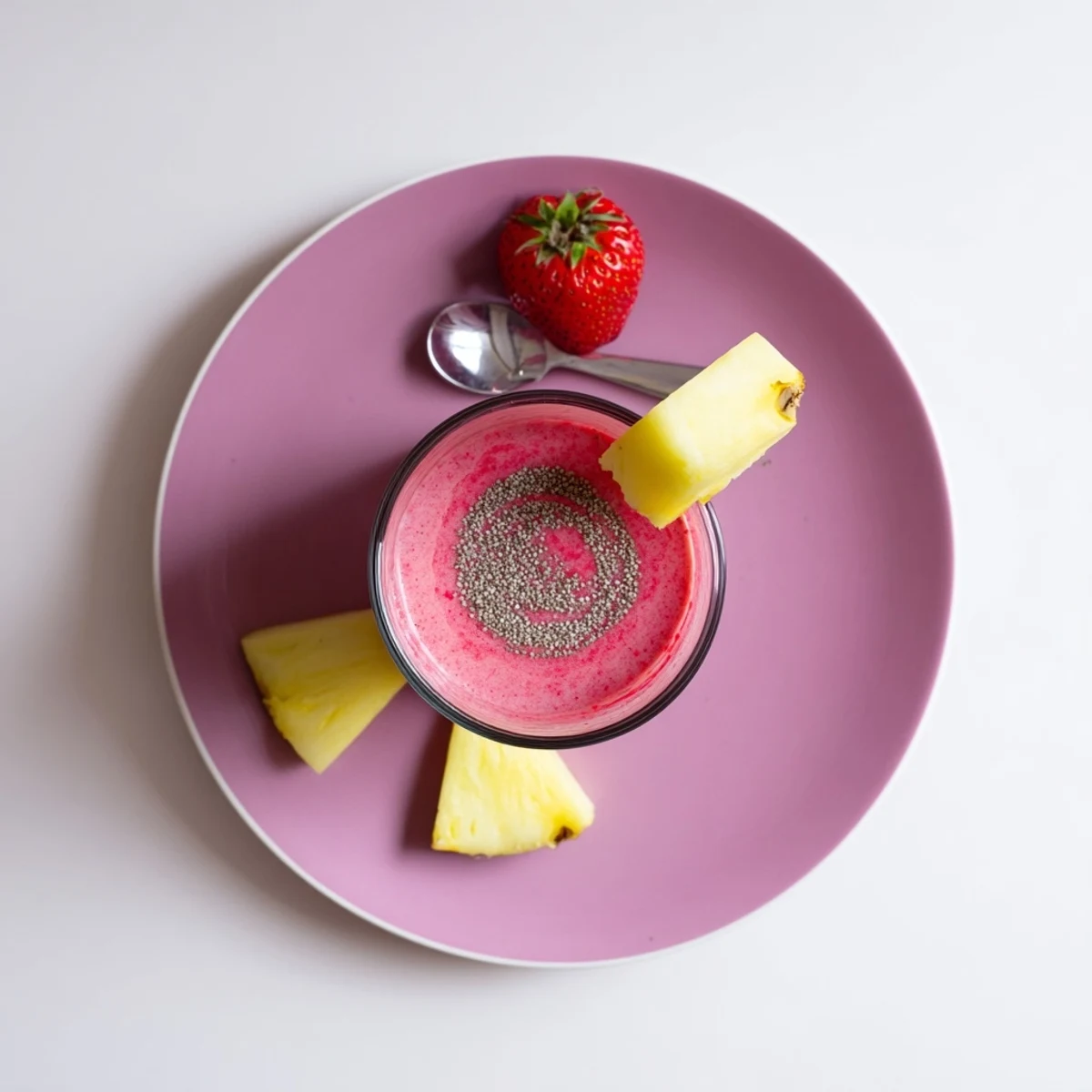Frosty Strawberry Pineapple Smoothie poured into glass, bright tropical flavor and sheen