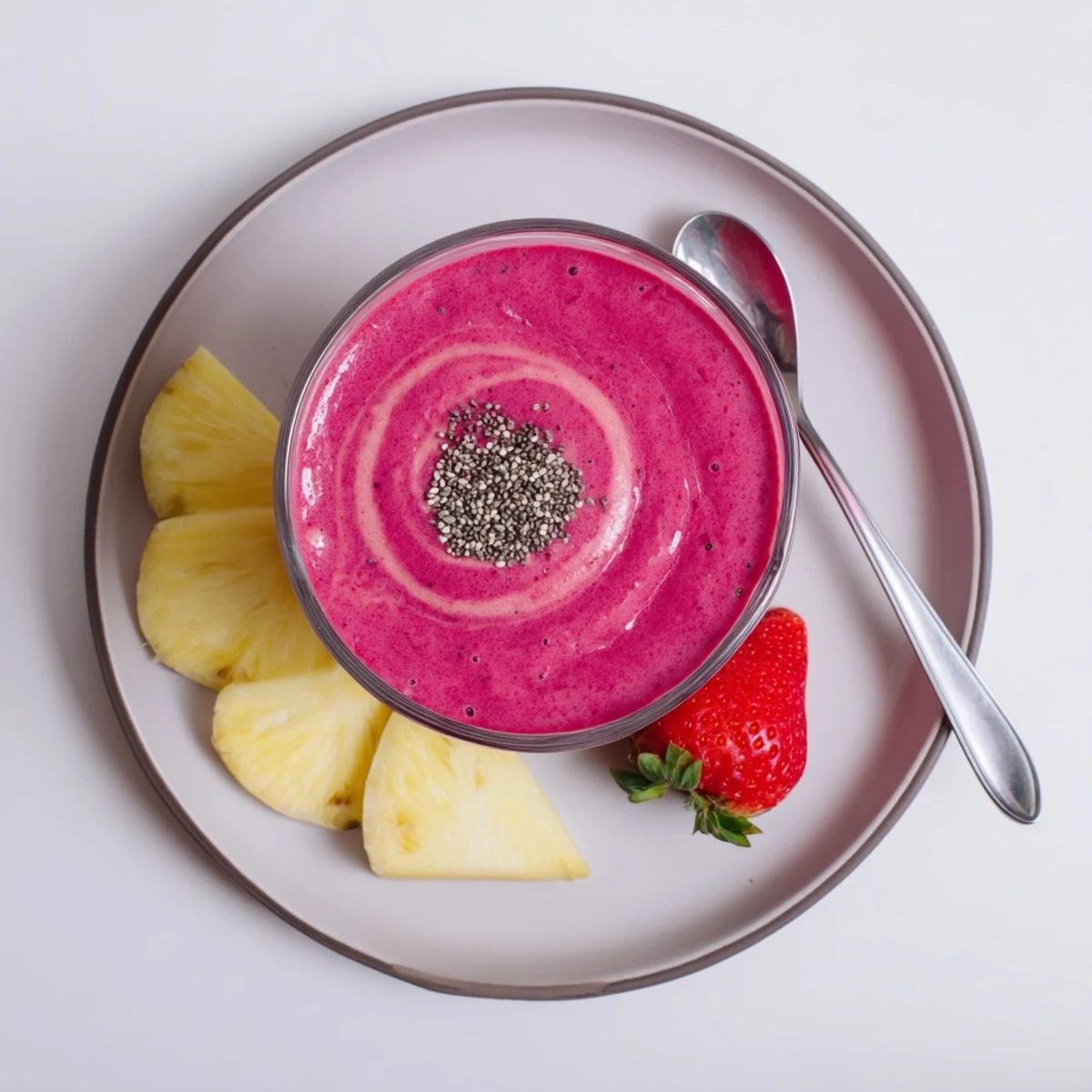 Blended Strawberry Pineapple Smoothie with almond milk, ideal breakfast or snack