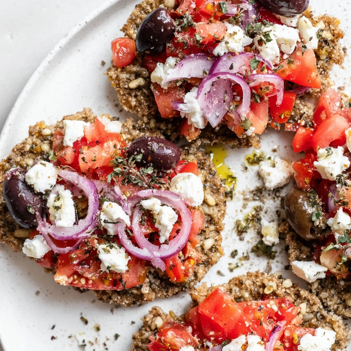 Golden Cretan feta rusks topped with juicy tomatoes, olives, and fragrant oregano on a rustic plate