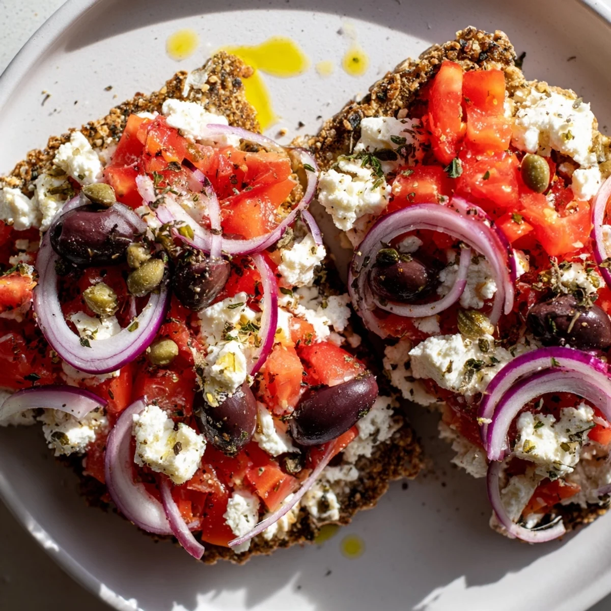 Crispy Cretan feta rusks layered with crumbled cheese, red onion, and a generous olive oil drizzle