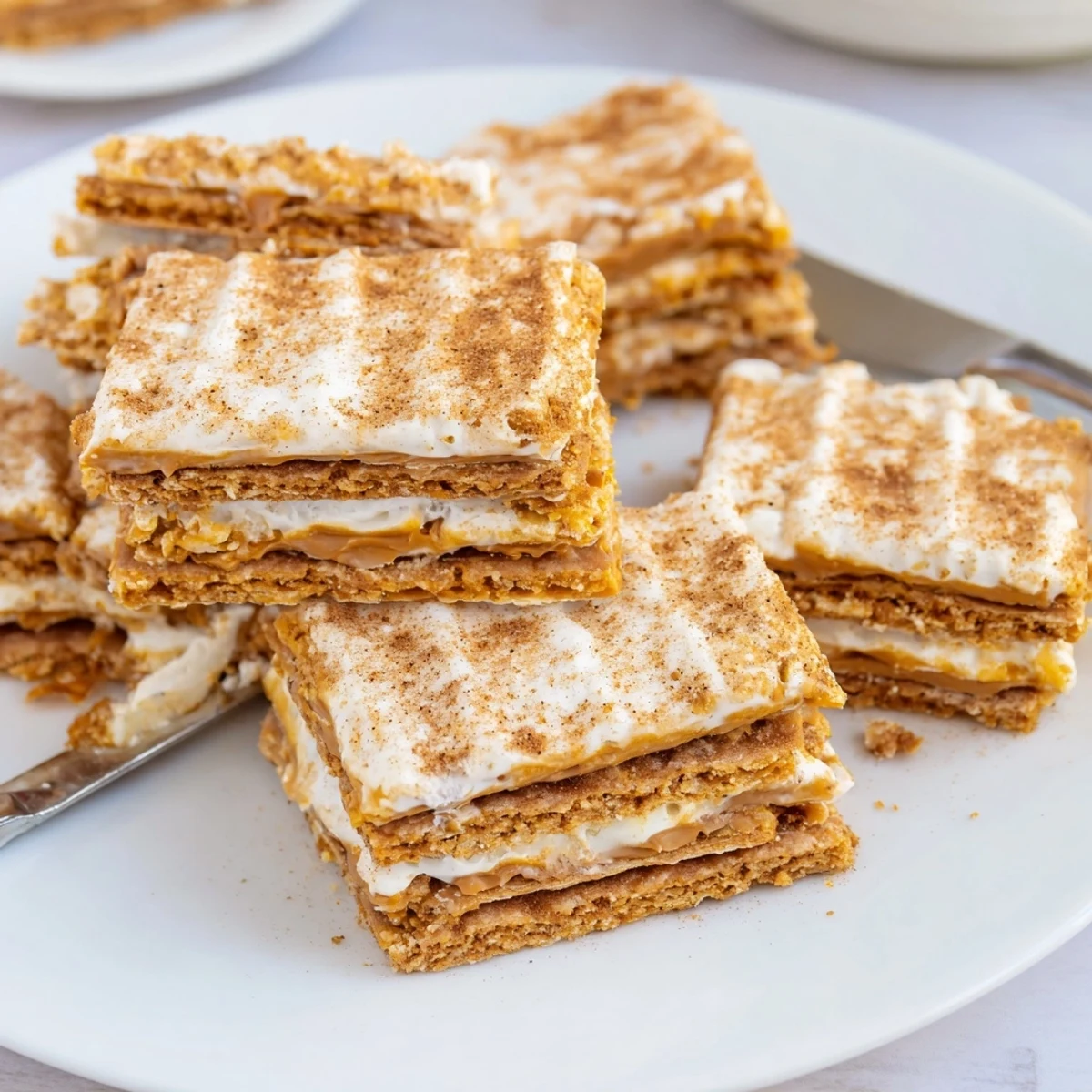 Warm Churro Saltine White Toffee squares dusted with cinnamon sugar on a rustic platter