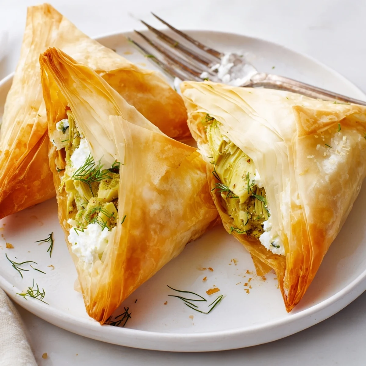 Golden artichoke and Graviera filo puffs fresh from the oven, crisp and flaky