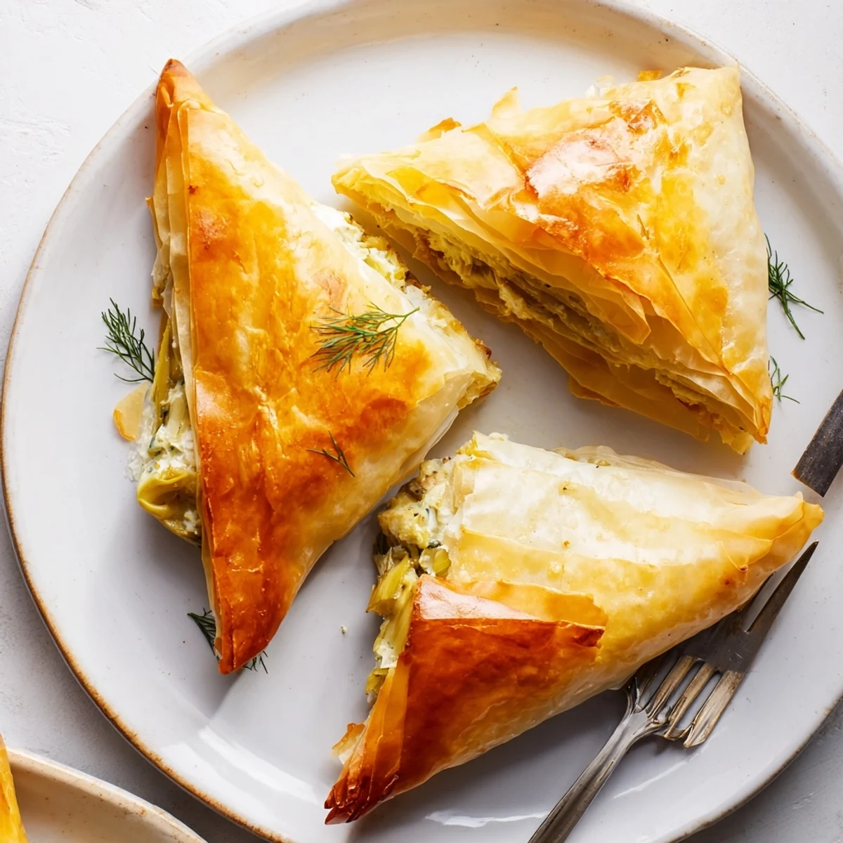 Artichoke and Graviera filo puffs arranged on a tray with golden layered pastry