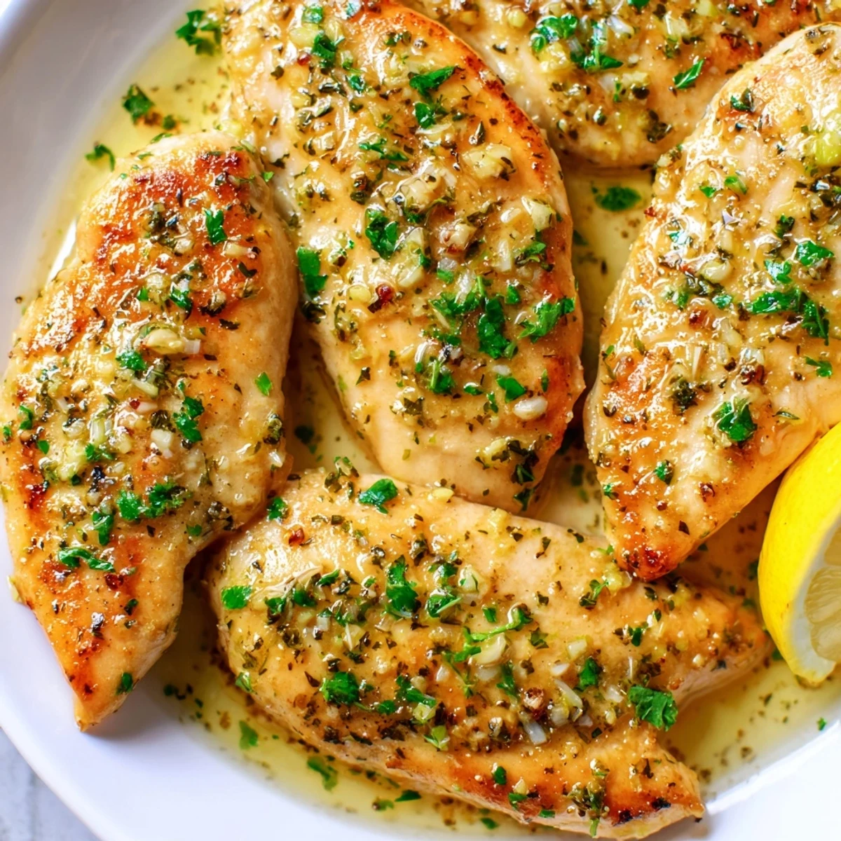Golden garlic butter baked chicken breast topped with fresh parsley and lemon wedges