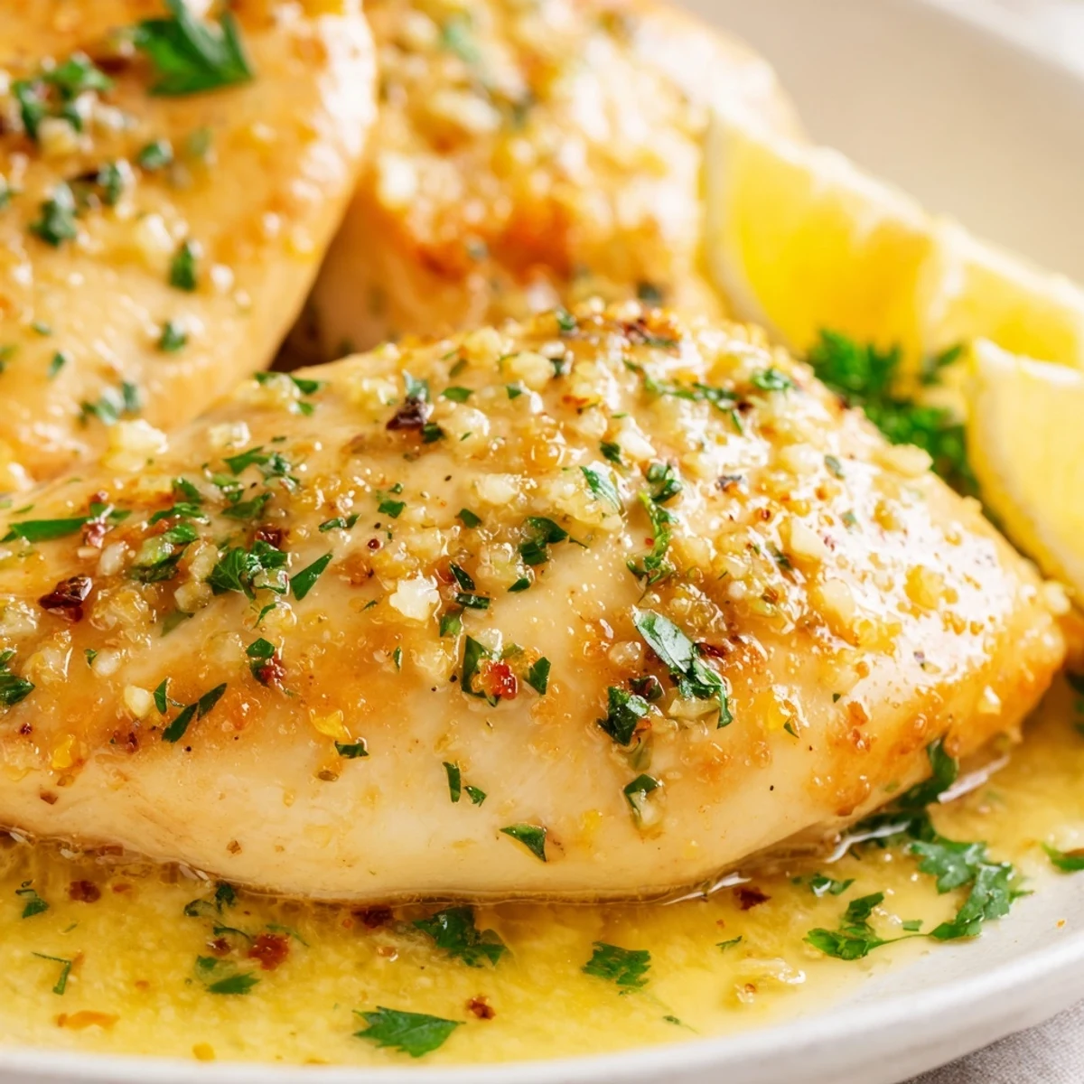 Juicy garlic butter baked chicken breast in a rich, bubbling golden herb sauce