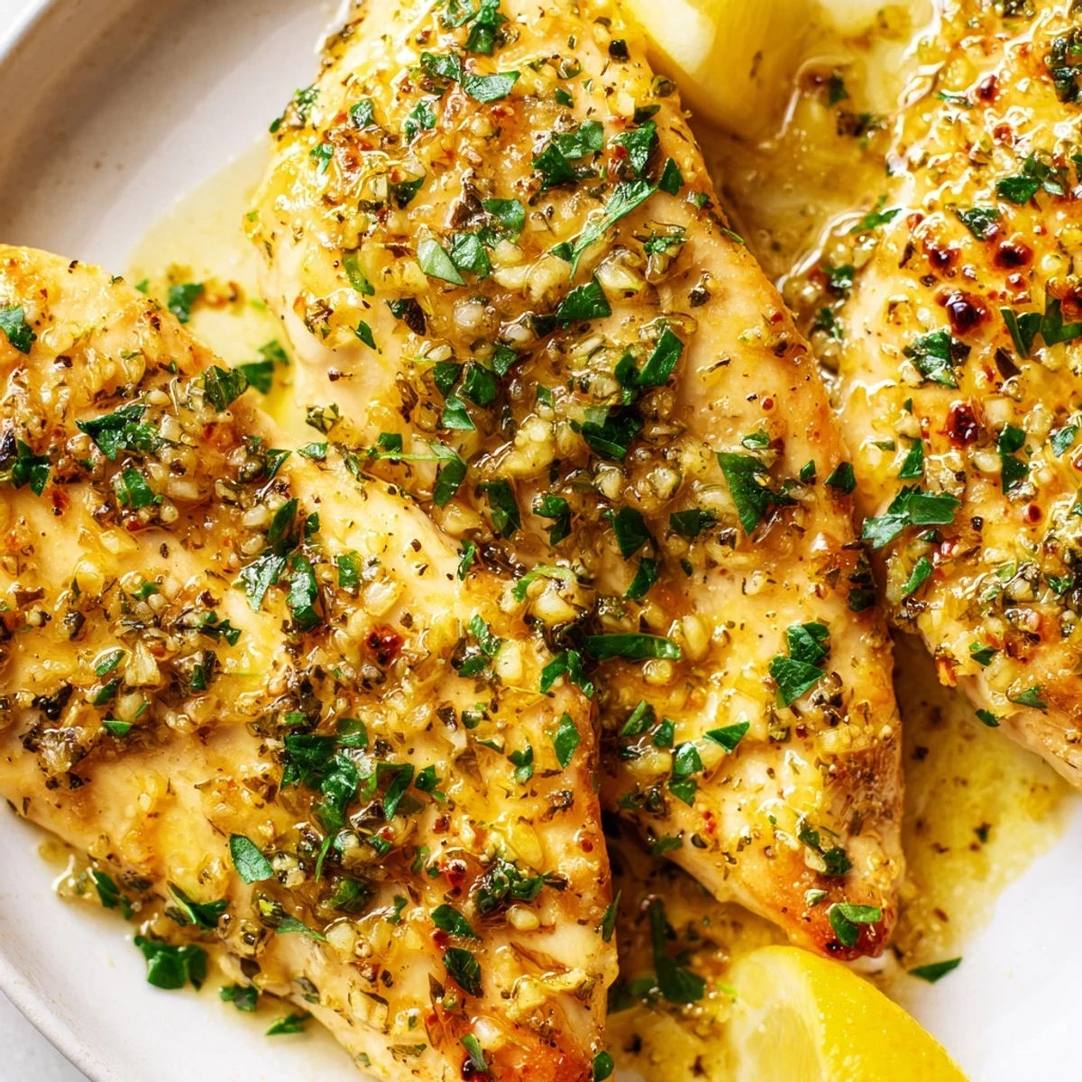 Tender garlic butter baked chicken breast sliced open revealing moist, perfectly cooked meat