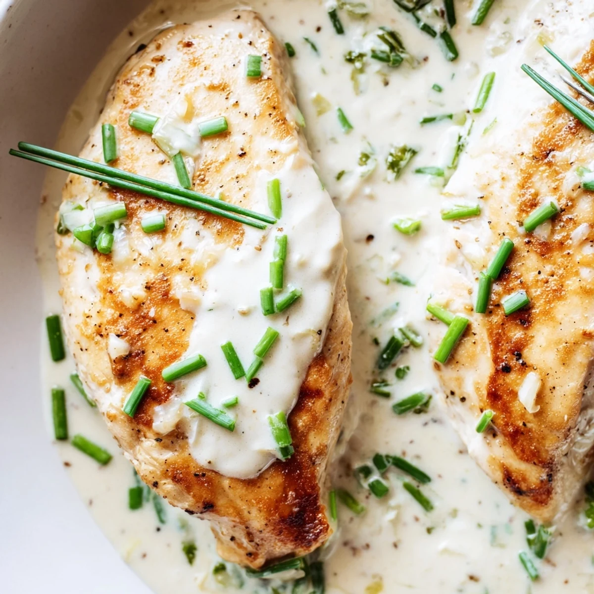Cream cheese chicken smothered in a velvety garlic herb sauce on a white plate