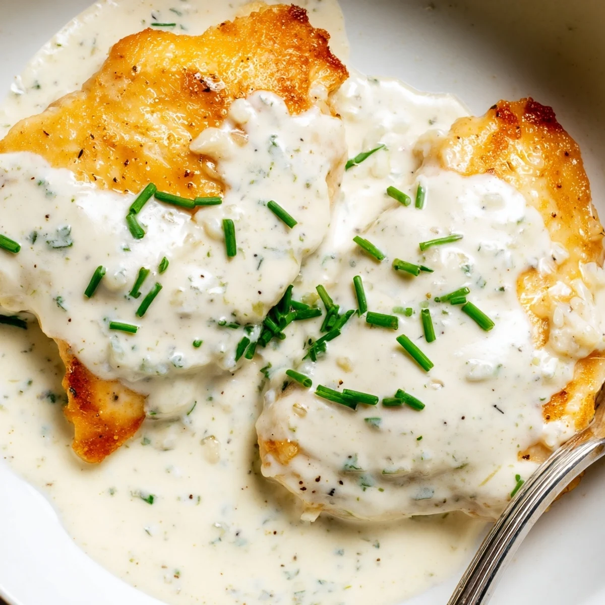 Golden seared cream cheese chicken nestled in a rich, bubbling Parmesan sauce with chives