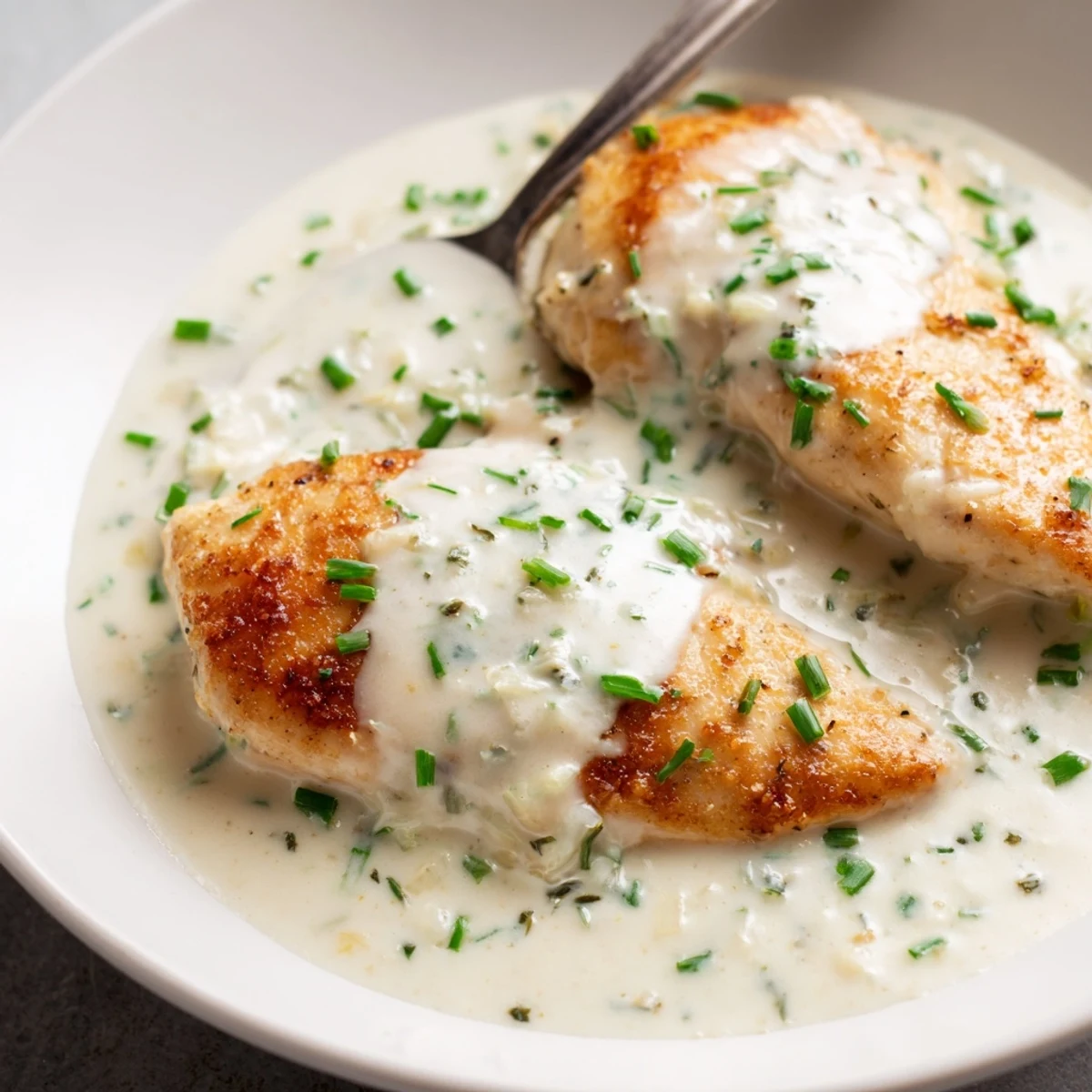 Cream cheese chicken bathing in a thick, creamy sauce served over a bed of rice