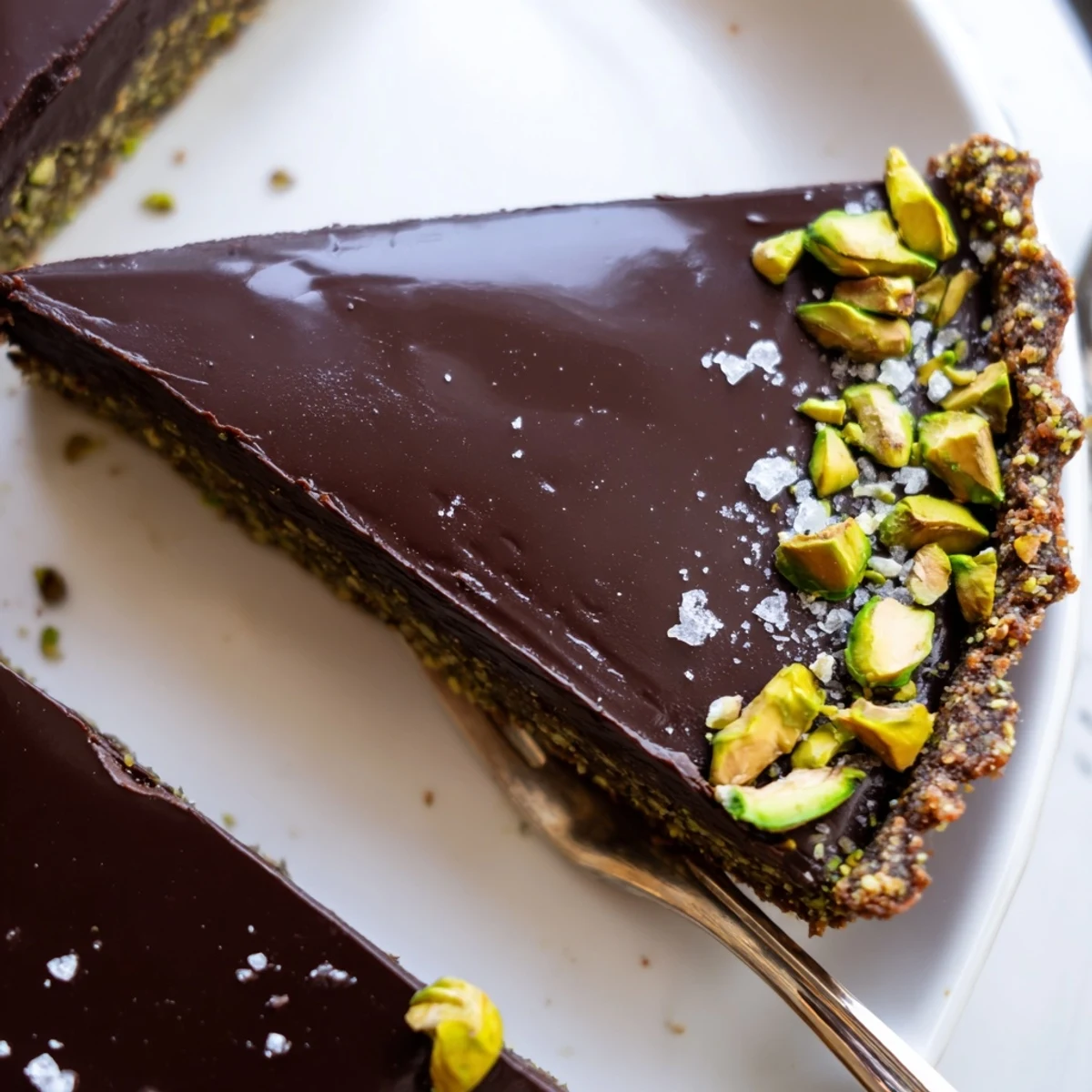 Dark Chocolate Pistachio Tart with glossy ganache filling topped with crushed green pistachios