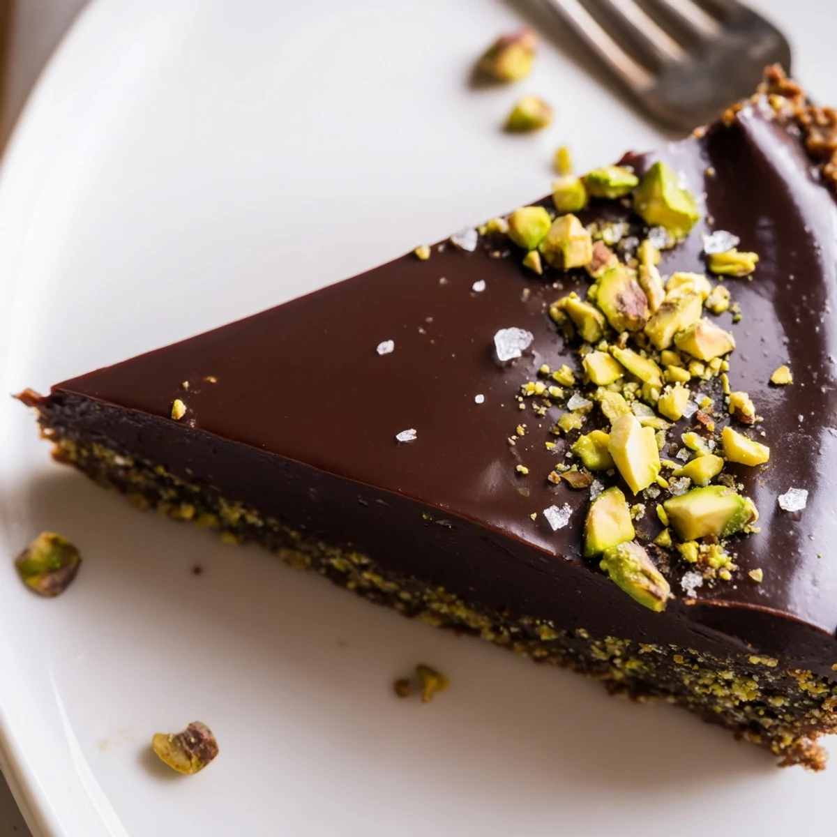Dark Chocolate Pistachio Tart dusted with flaky sea salt and chopped nuts ready for slicing