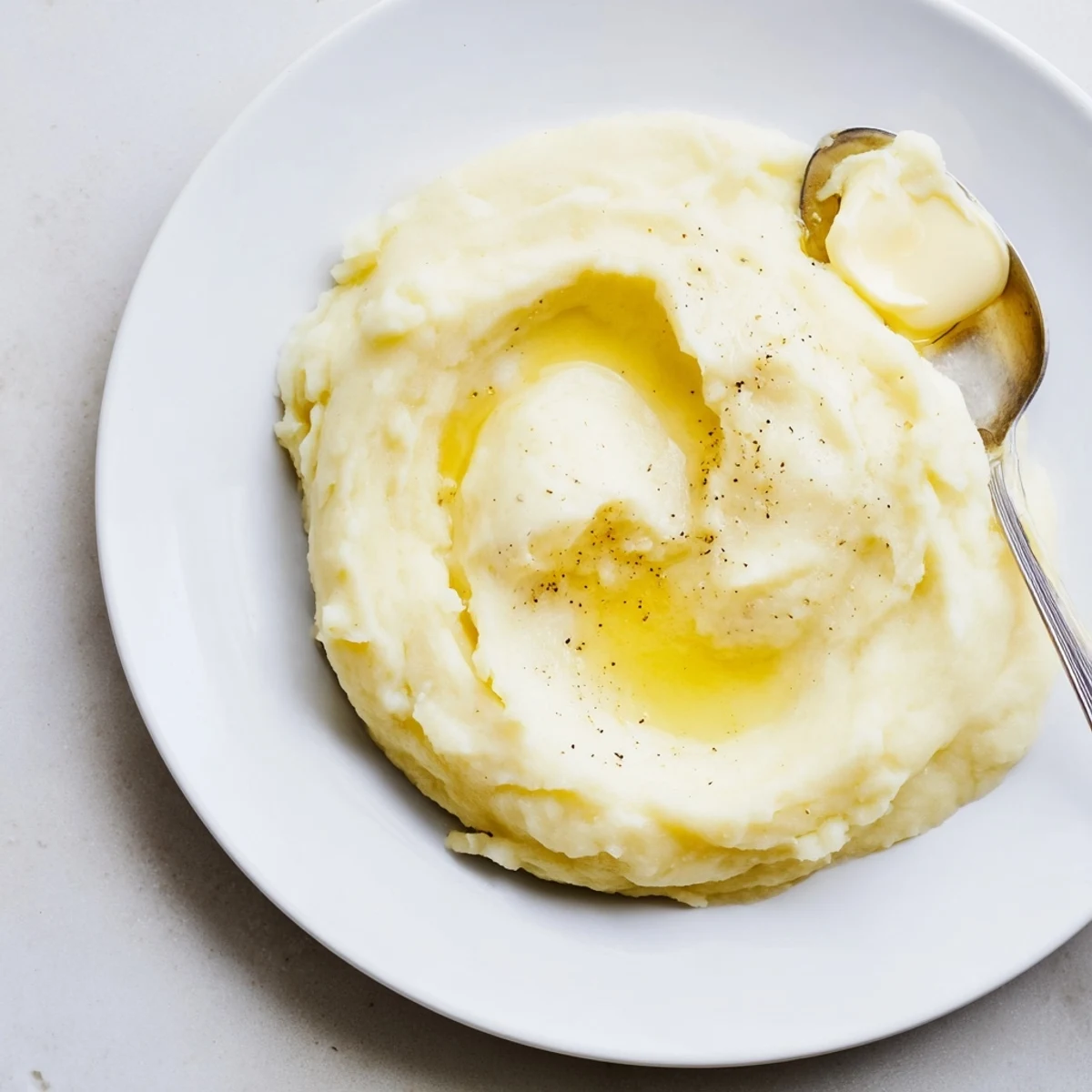 Velvety mashed potatoes swirled with melted butter in a warm serving bowl