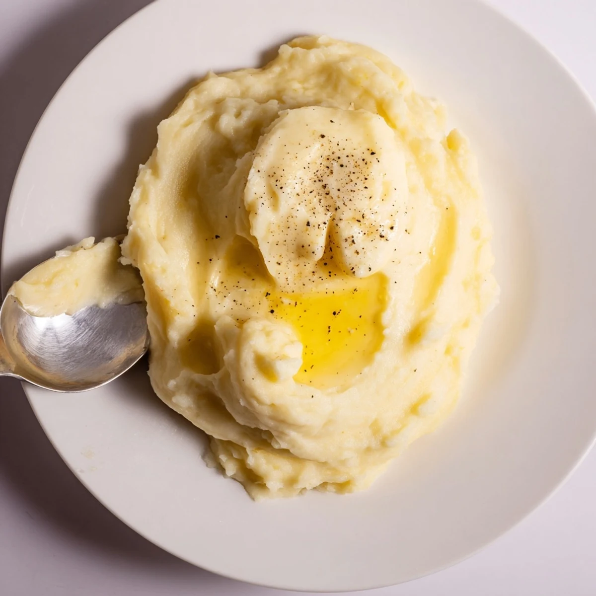 Creamy velvety mashed potatoes piled high and garnished with cracked black pepper