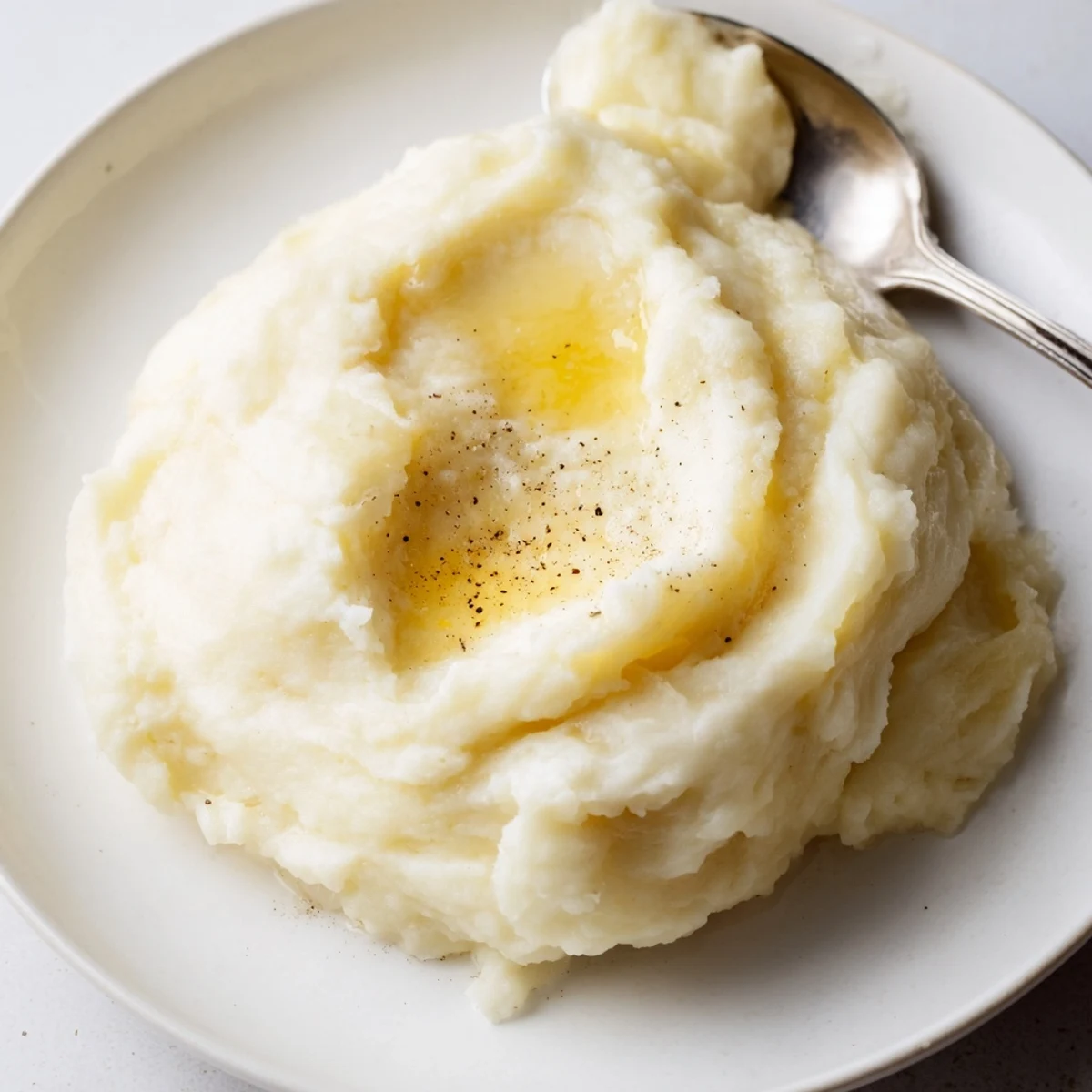 Smooth velvety mashed potatoes scooped onto a plate beside roasted chicken and gravy