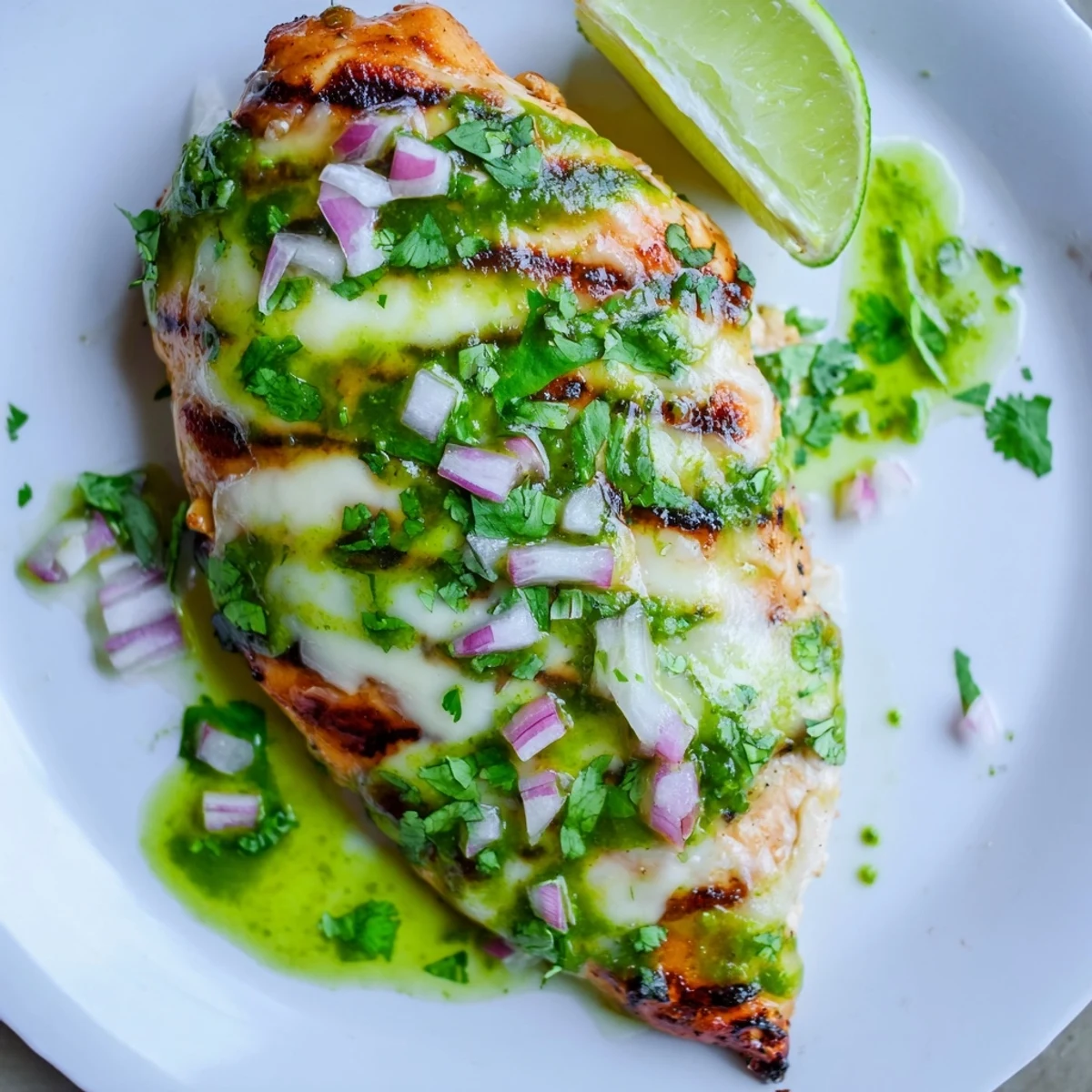 Golden grilled salsa verde pepper jack chicken with melted cheese and fresh cilantro garnish
