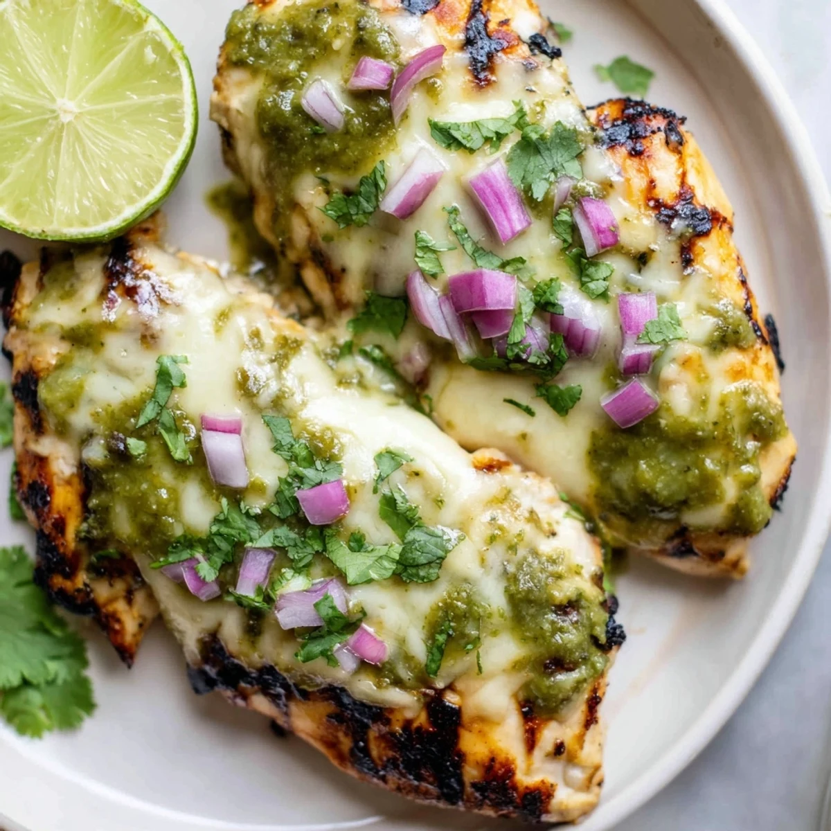 Juicy salsa verde pepper jack chicken topped with bubbling cheese and diced red onion