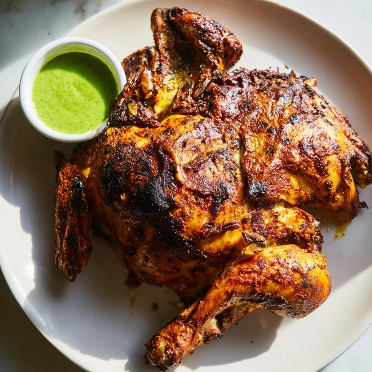 Golden crispy Peruvian Chicken Delight roasted with spices and served with creamy green sauce