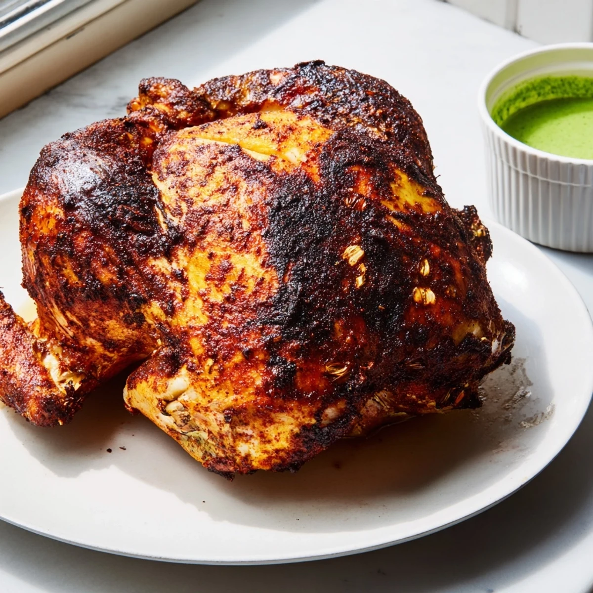 Juicy Peruvian Chicken Delight carved on a wooden board beside bright cilantro aji verde sauce
