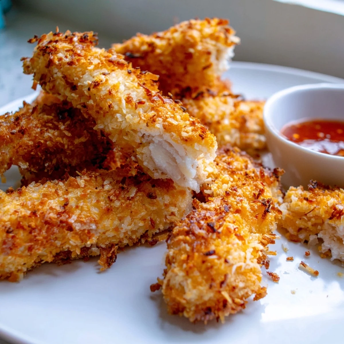 Golden crunchy coconut chicken strips served hot with sweet chili dipping sauce