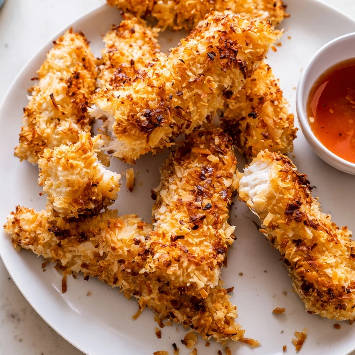 Crispy coconut chicken tenders fresh from the oven on a rustic plate