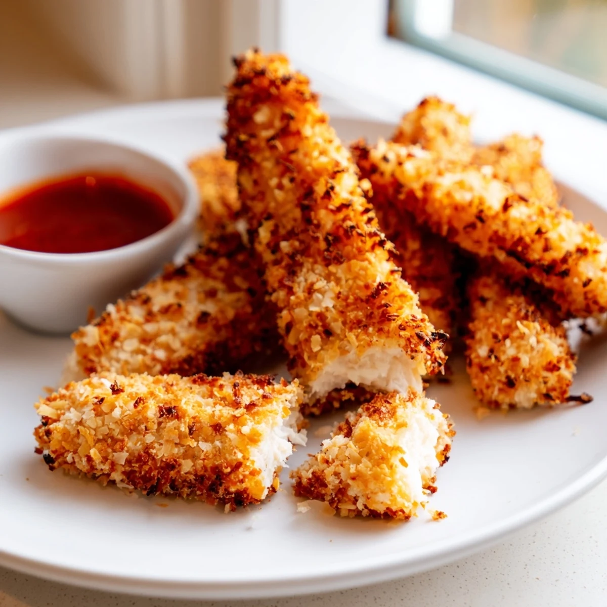 Crunchy coconut chicken arranged on a platter alongside mango chutney for dipping