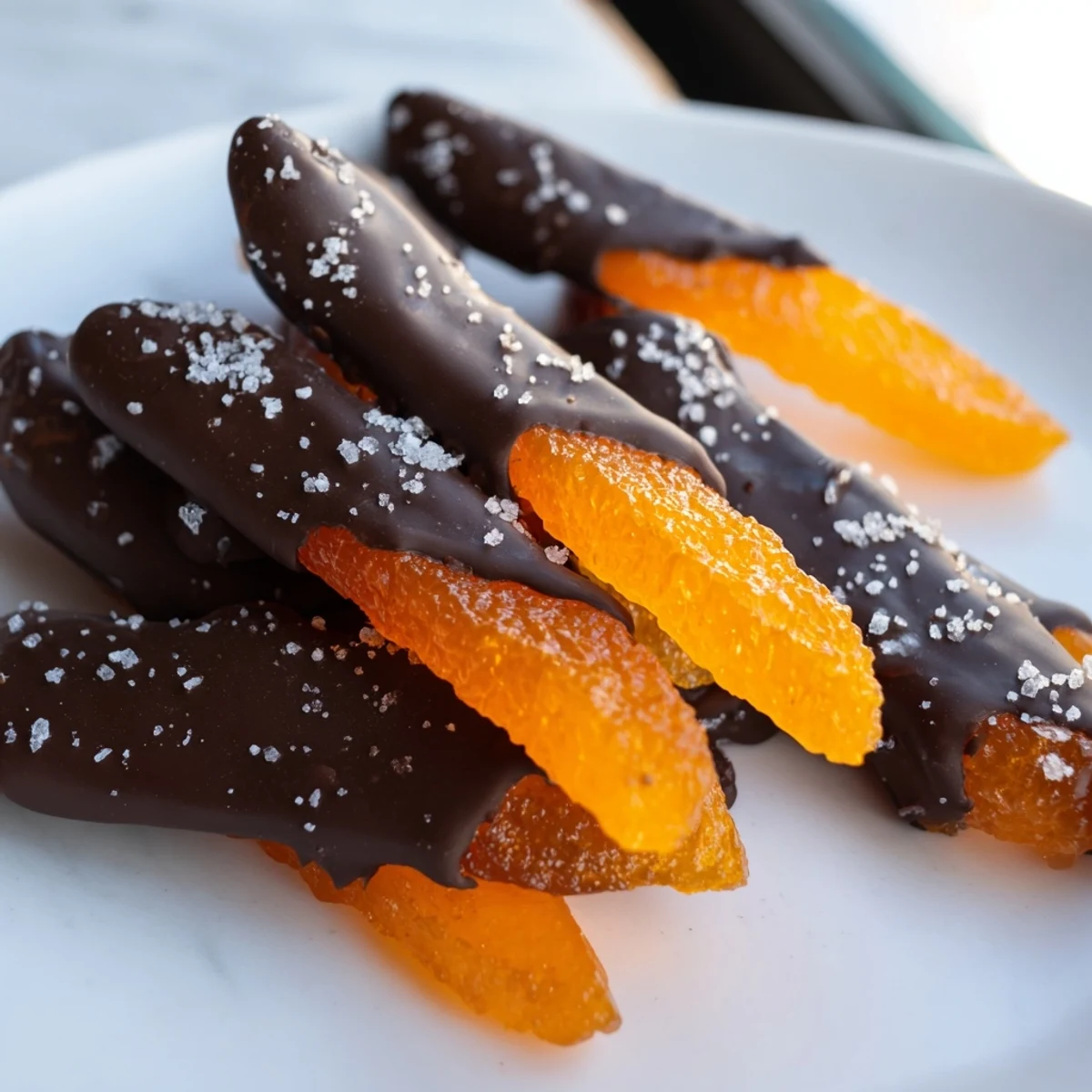 Glossy chocolate covered orange peels arranged on parchment, speckled with flaky sea salt.