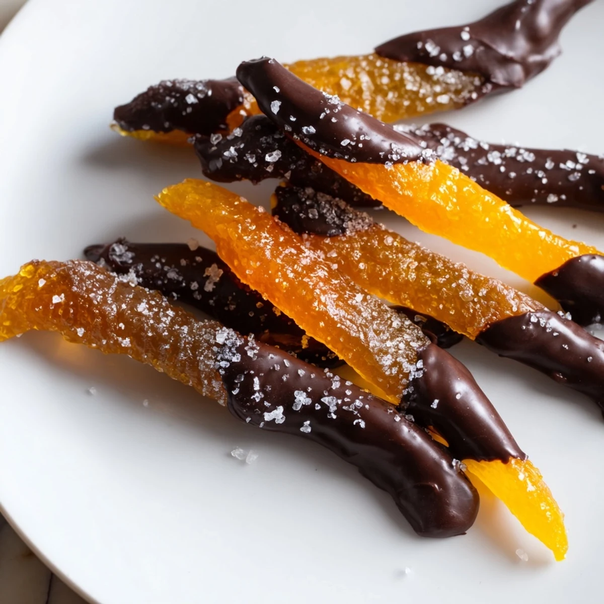 Candied chocolate covered orange peels glistening with dark coating on a wire rack.