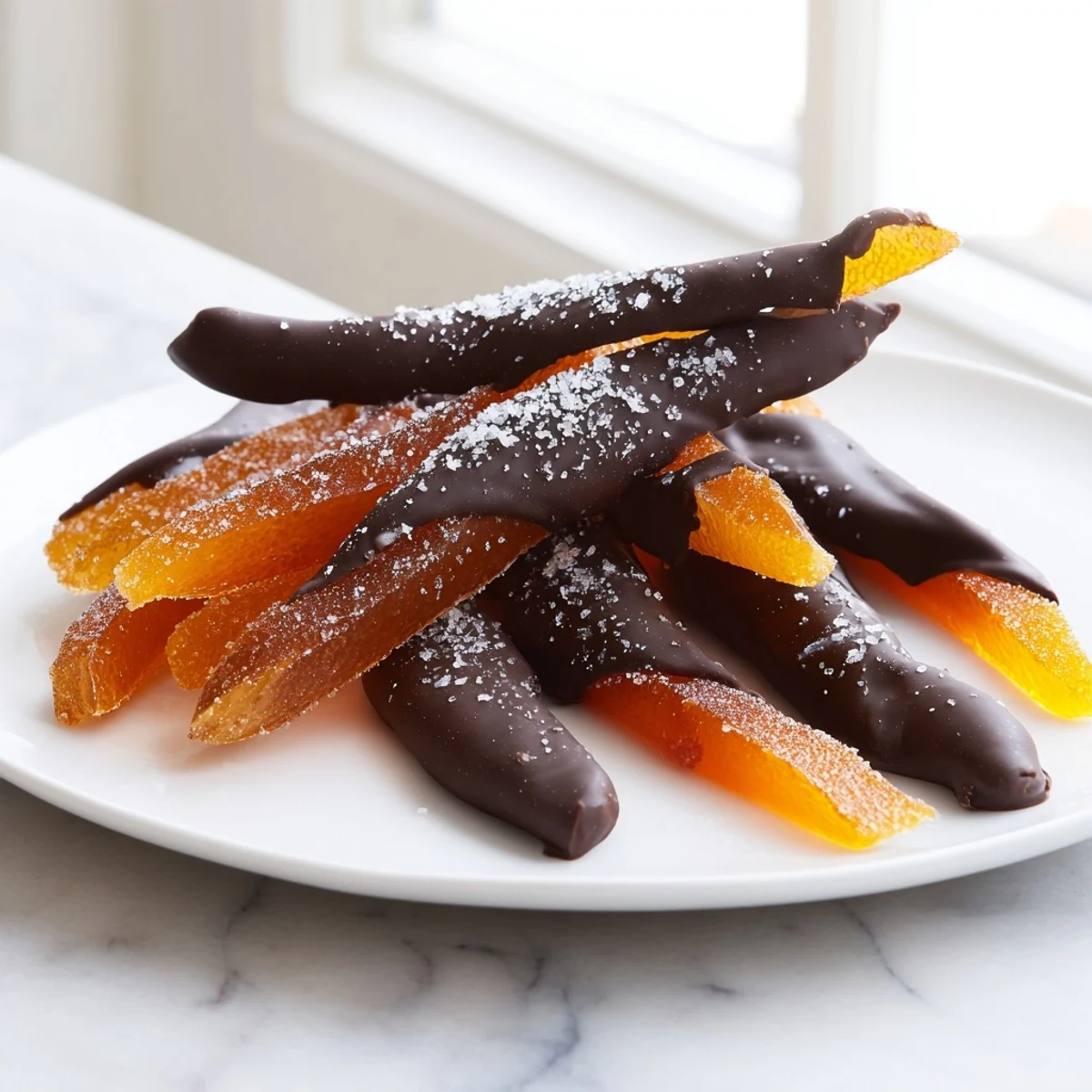 Golden candied strips dipped halfway in dark chocolate, resting on rustic parchment paper.