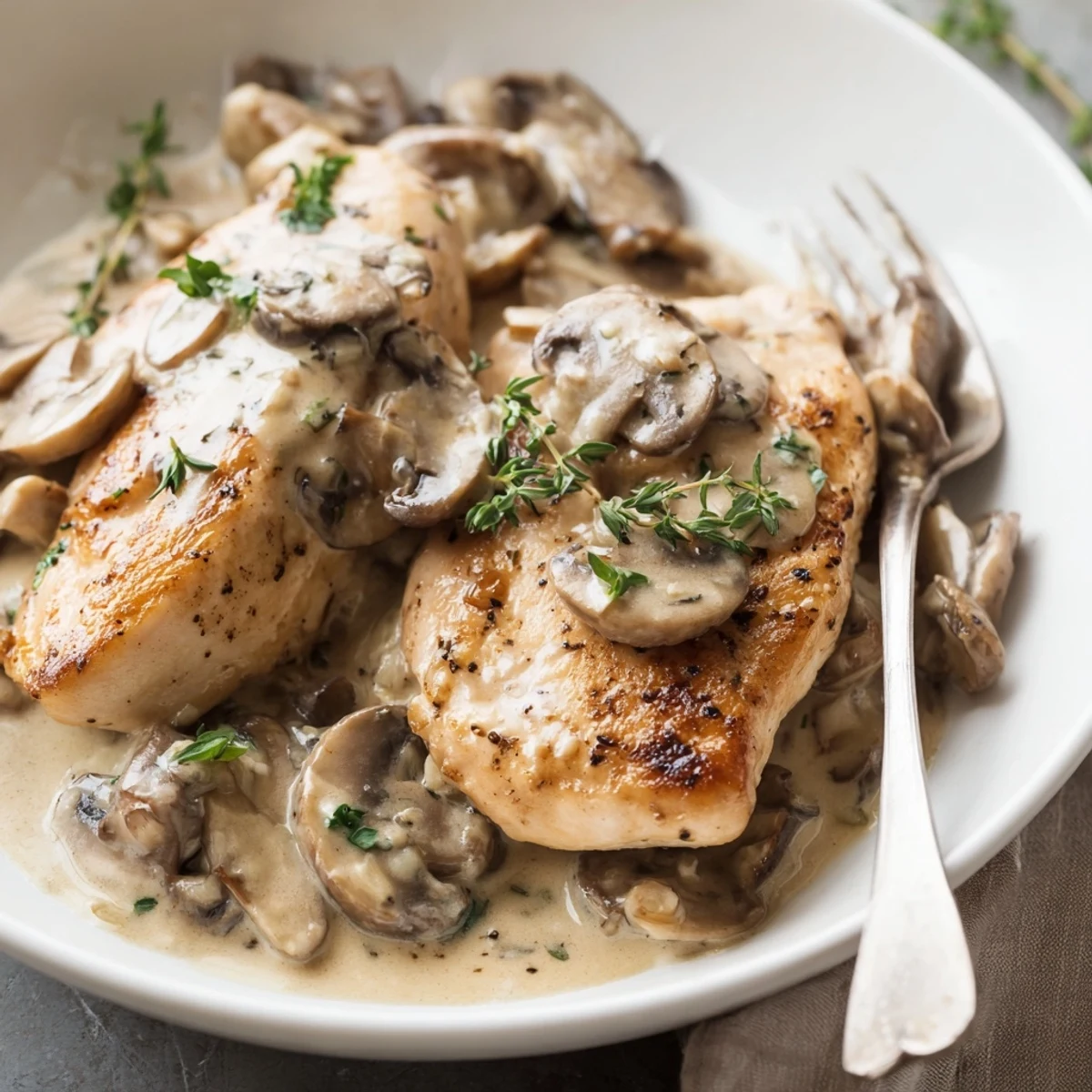 Creamy mushroom chicken with golden herb potatoes served on a rustic white plate