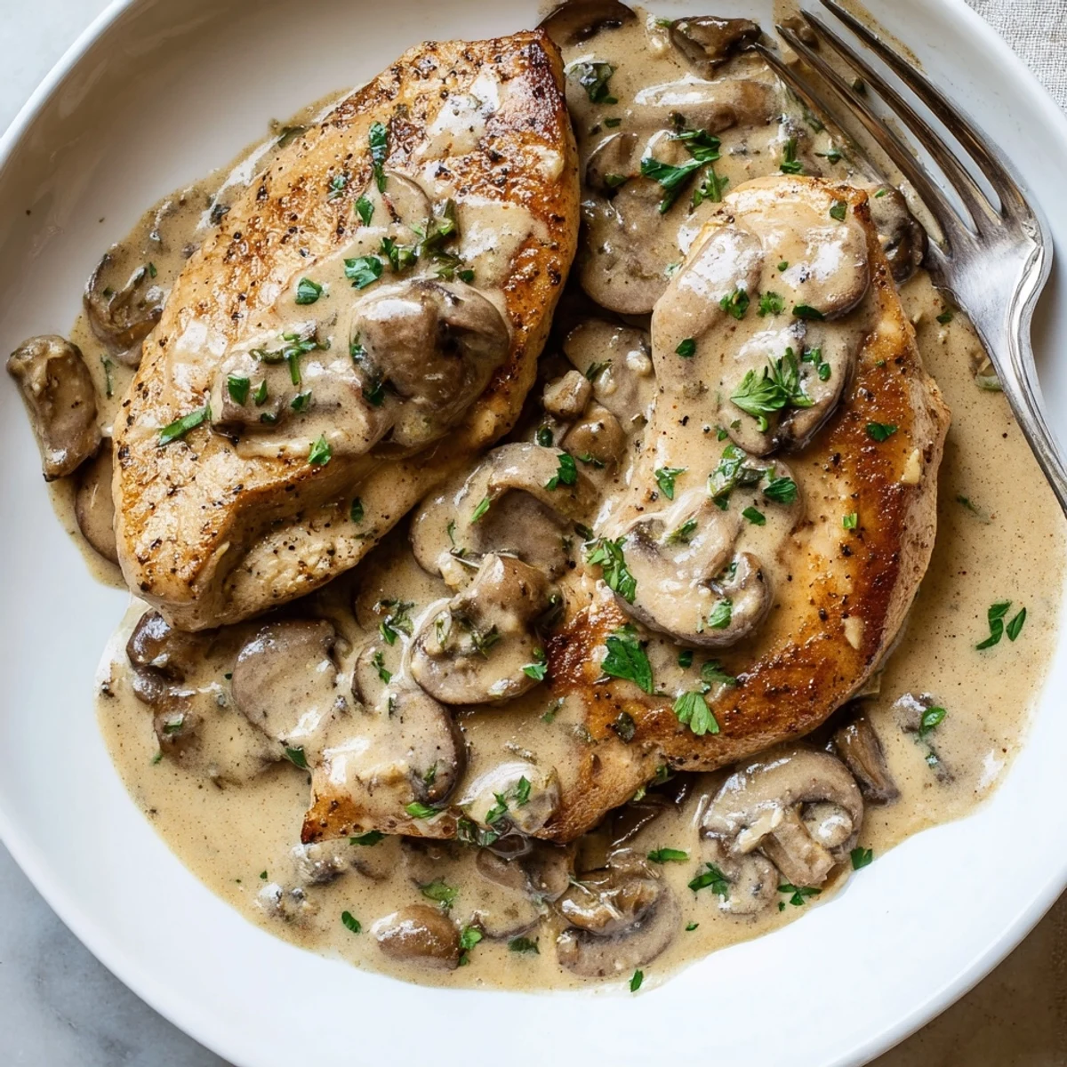 Creamy mushroom chicken topped with fresh parsley alongside perfectly browned herb-crusted baby potatoes