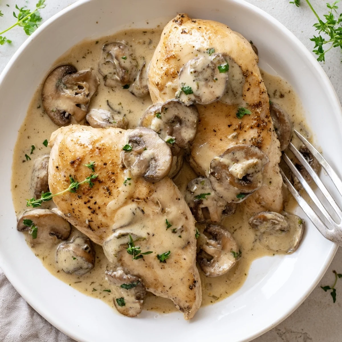 Juicy seared chicken smothered in creamy mushroom sauce beside crispy rosemary roasted potatoes