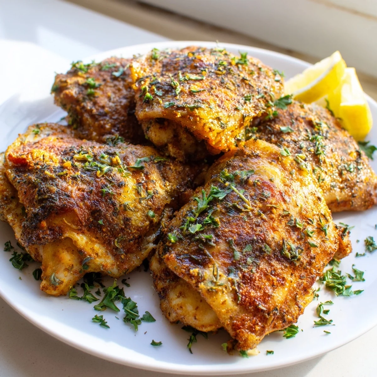 Golden crispy oven baked chicken thighs with herb seasoning on a parchment-lined baking sheet