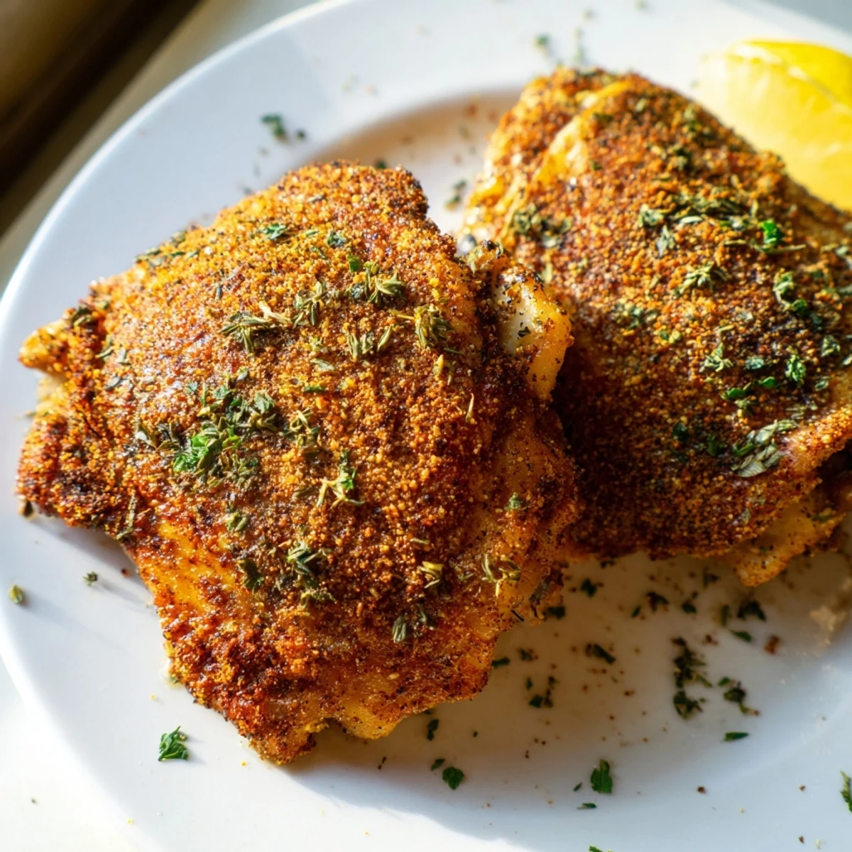 Juicy oven baked chicken thighs garnished with fresh parsley and bright lemon wedges