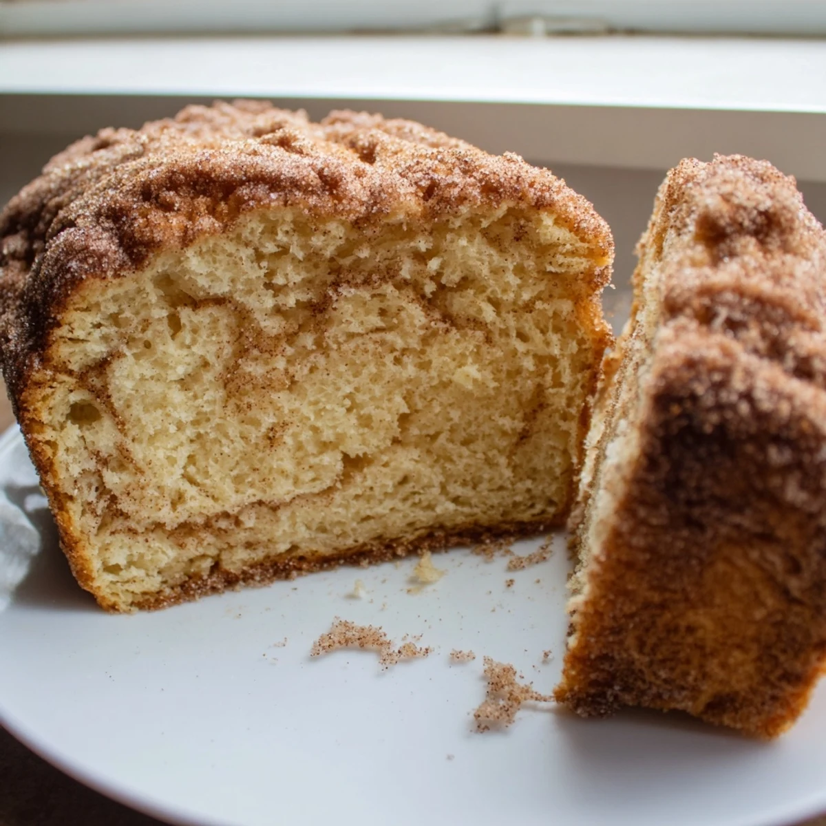 Golden cinnamon donut loaf sliced thick with a sparkling cinnamon-sugar crust on a rustic wooden board