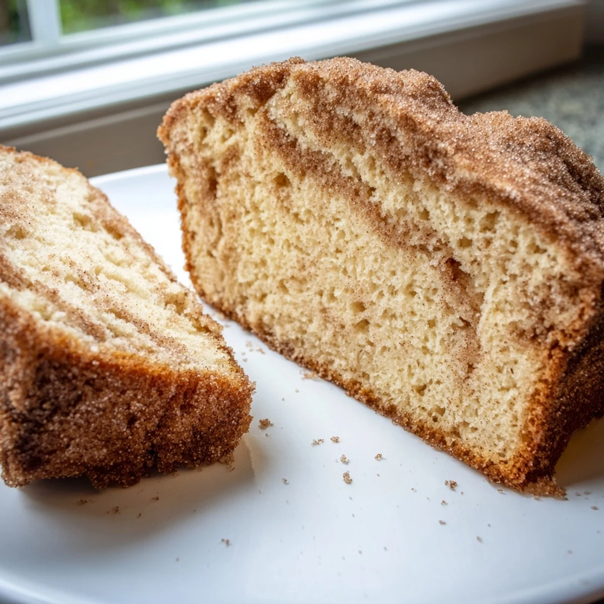 Warm cinnamon donut loaf fresh from the oven topped with melted butter and cinnamon sugar