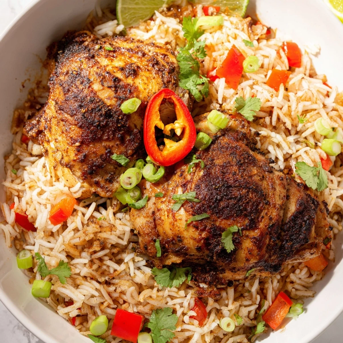 Golden seared spicy jerk chicken rice topped with spring onions and vibrant bell peppers