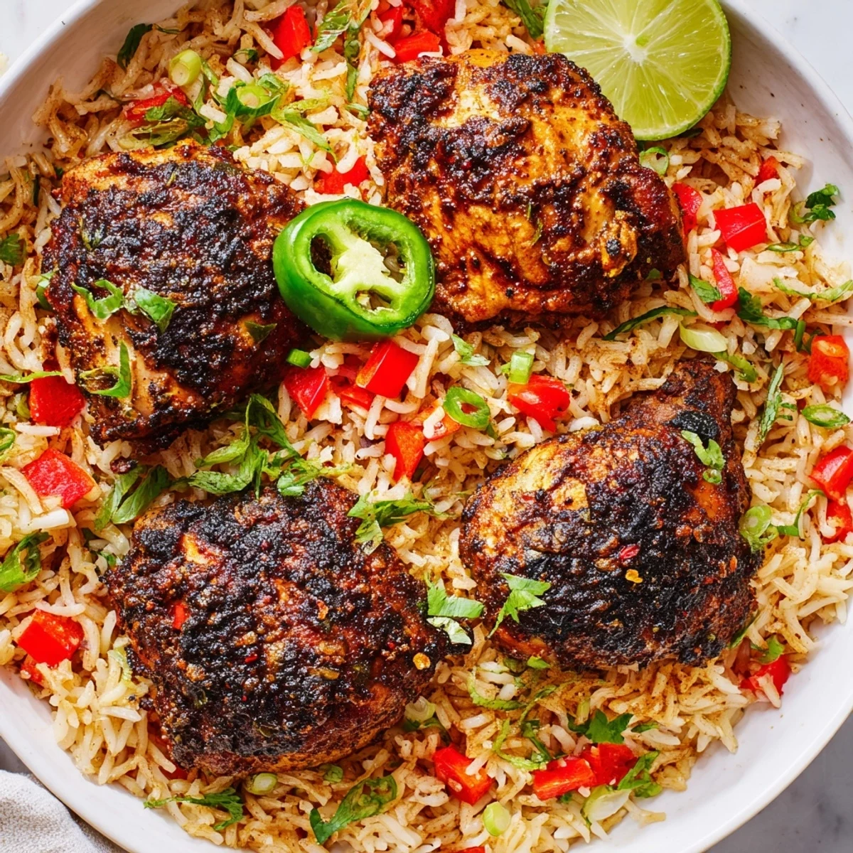 Spicy jerk chicken rice garnished with fresh herbs and lime wedges in a rustic bowl