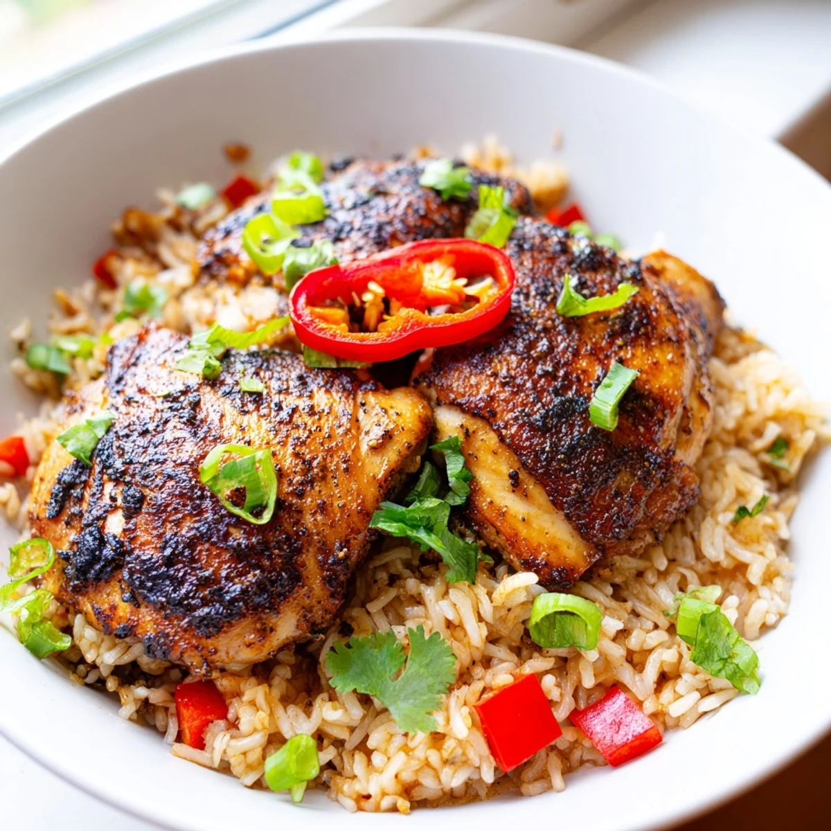 Creamy coconut-infused spicy jerk chicken rice steaming in a skillet with chopped cilantro