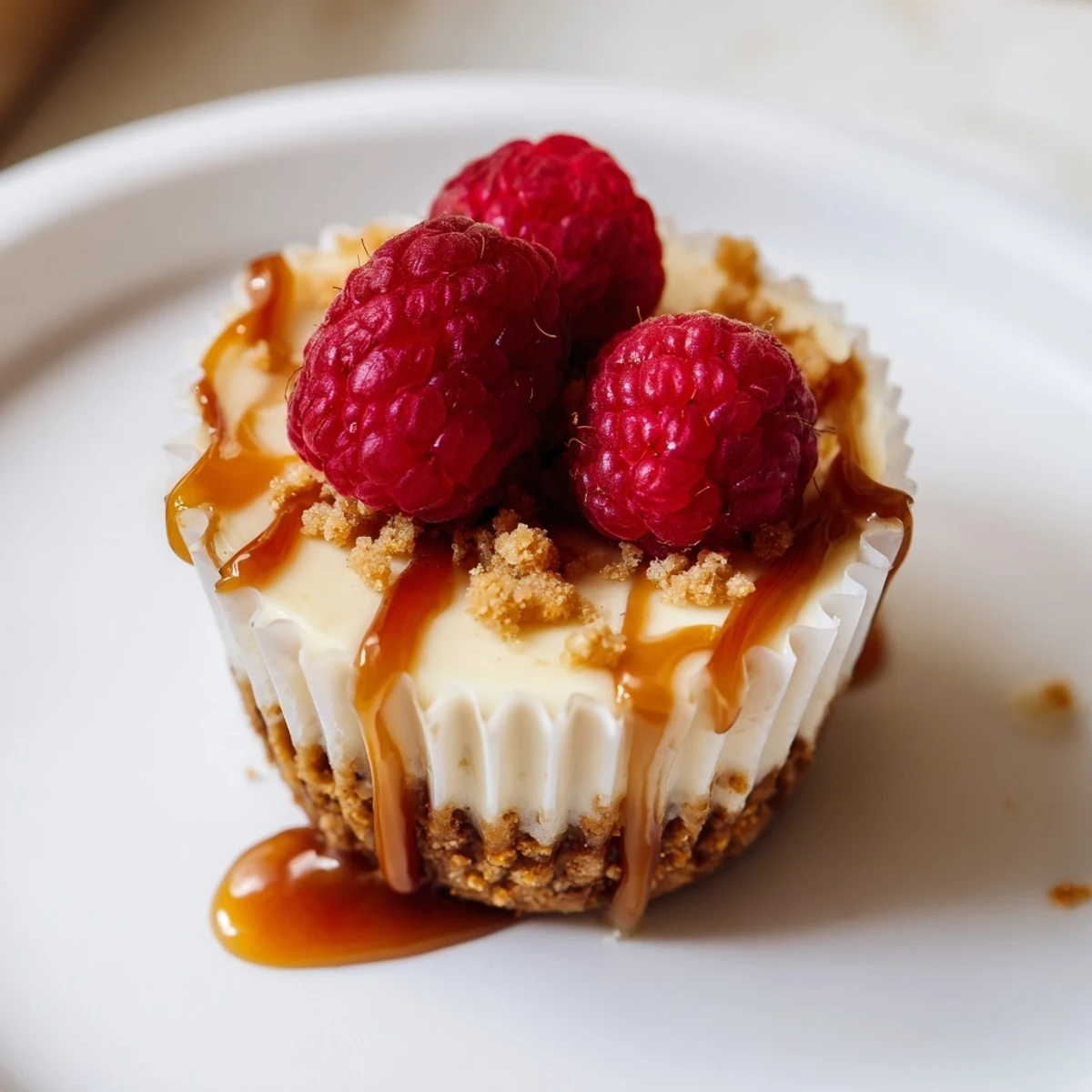 Golden graham crust mini cheesecakes drizzled with rich caramel sauce served individually